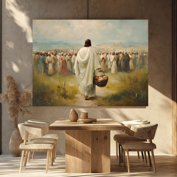 Jesus Feeding the Multitude Canvas Wall Art, Loaves and Fish Miracle Painting, Christian Faith Home Decor