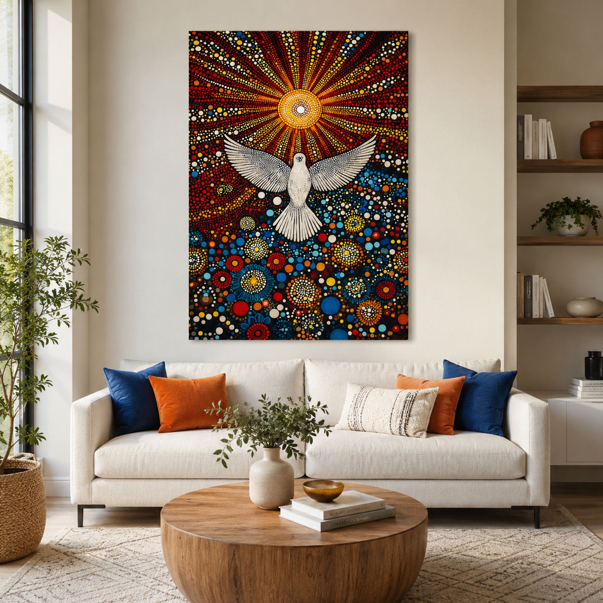 Trinity Sunday Throne of Grace Framed Canvas Print, Holy Spirit Dove and Radiant Sun Christian Wall Art for Church and Faith Home