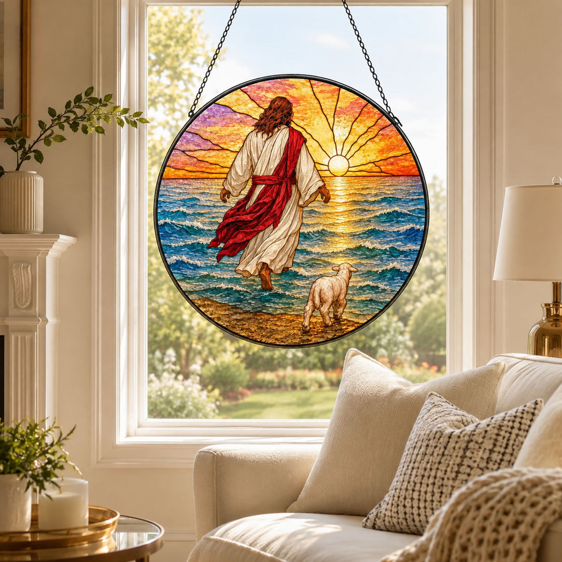 Follow Jesus Suncatcher, Christ Walking on Water with Lamb, Christian Faith Window Decor