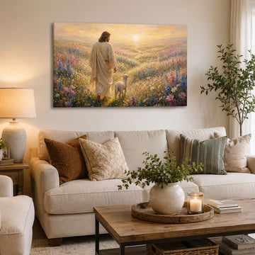 Jesus and Lamb in Wildflower Field Canvas Print, Christian Home Decor