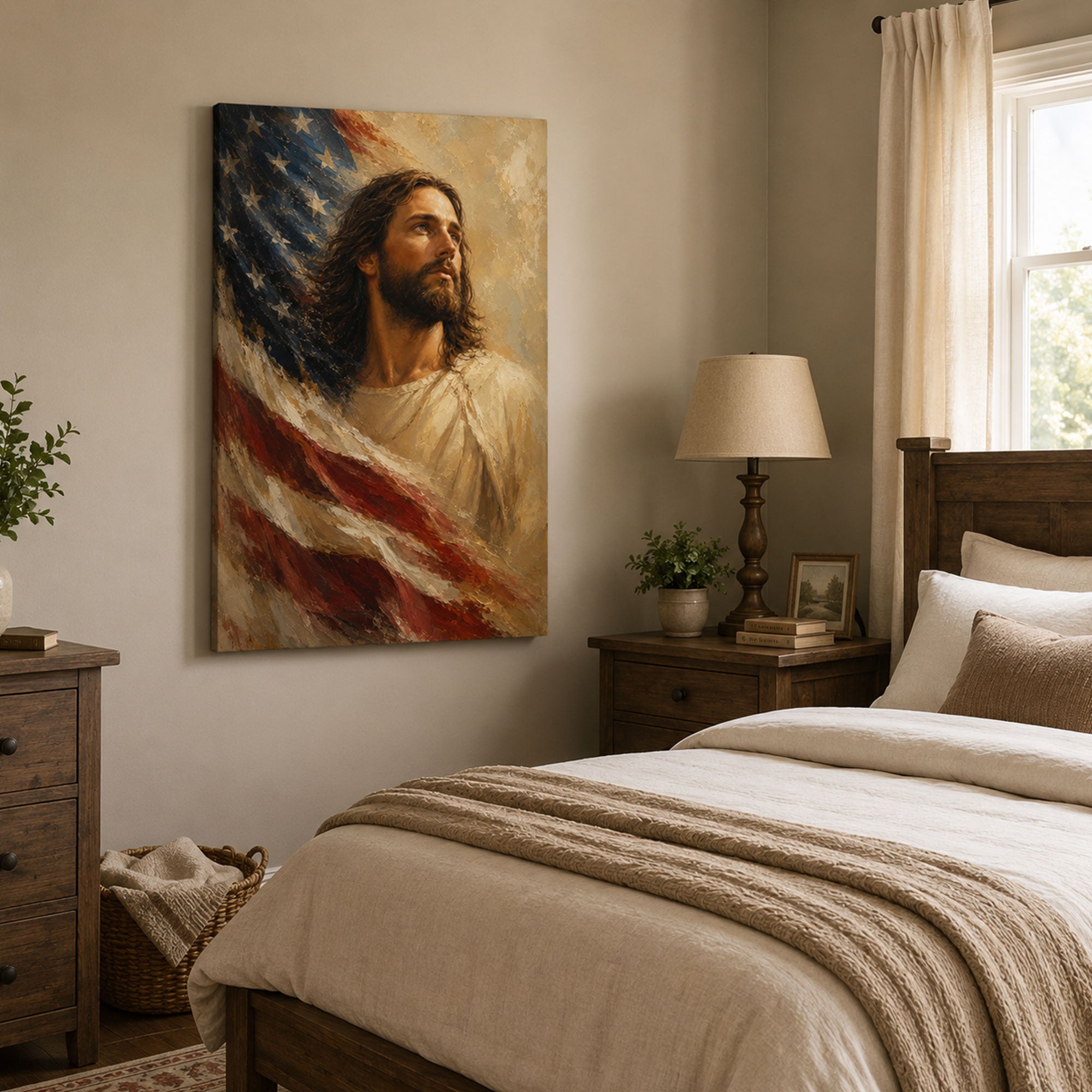 Jesus with American Flag Canvas Print, Christian Patriotic Wall Art, Faith and Freedom Home Decor Gift