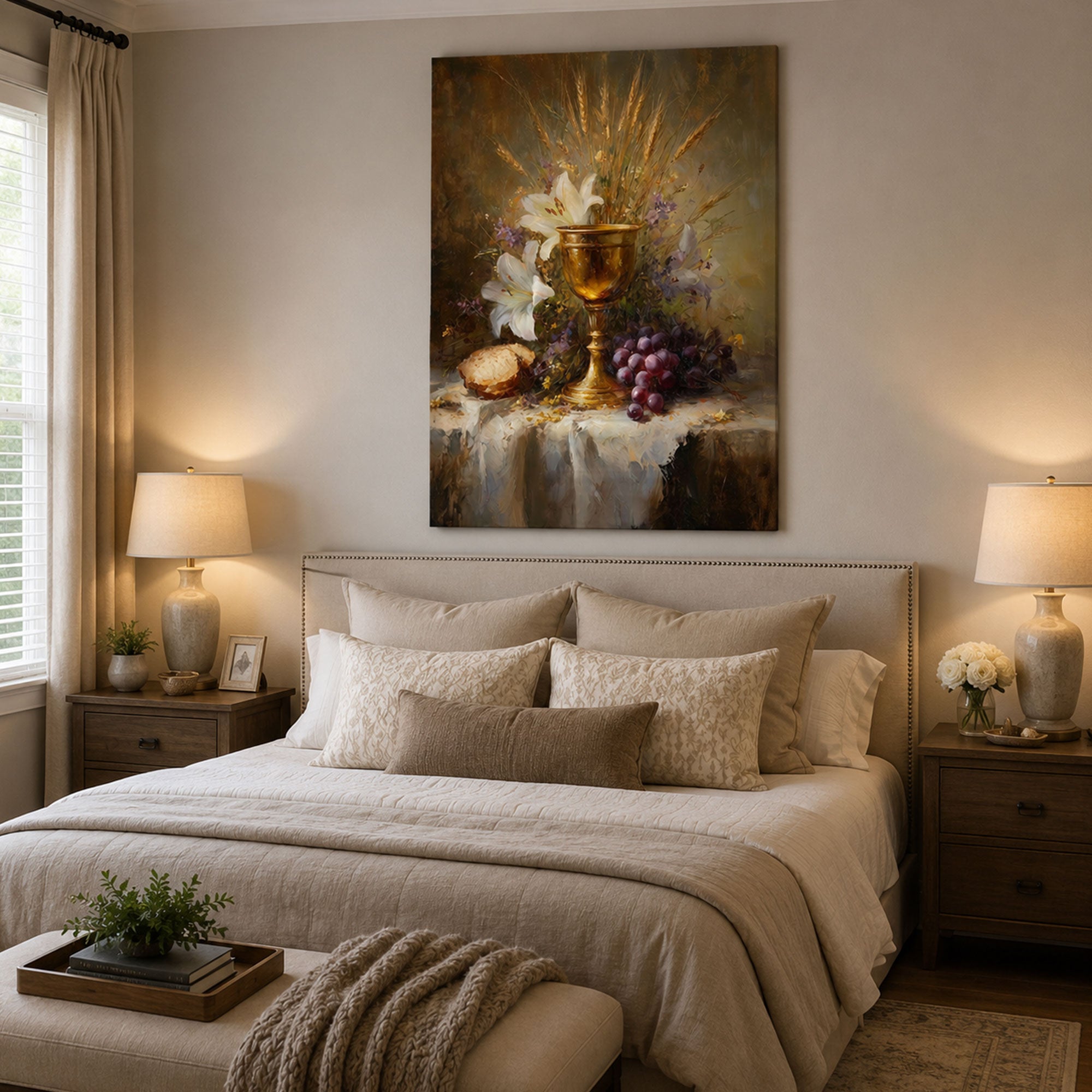 Eucharist Chalice Still Life Canvas Art, Catholic Communion Wall Decor, Bread and Wine Christian Faith Artwork