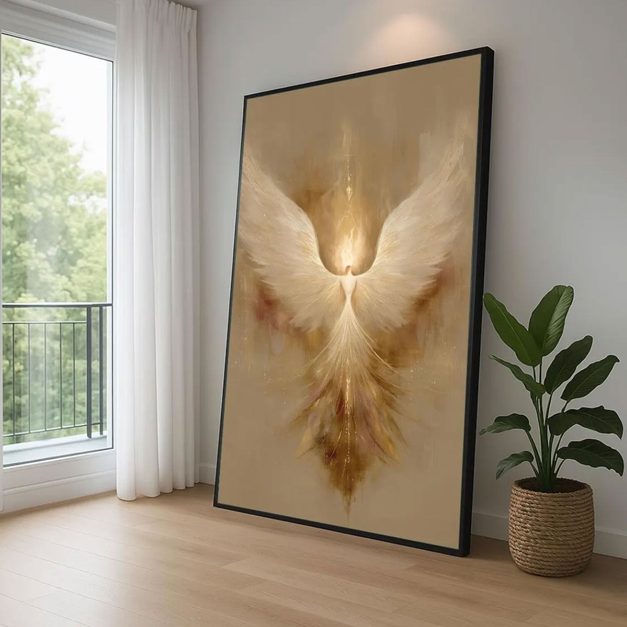 Radiant Ascension Canvas Print, Golden Angel Wings Wall Art, Abstract Christian Faith Decor, Heavenly Spiritual Artwork