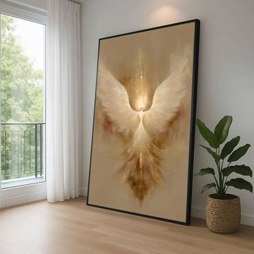 Radiant Ascension Canvas Print, Golden Angel Wings Wall Art, Abstract Christian Faith Decor, Heavenly Spiritual Artwork