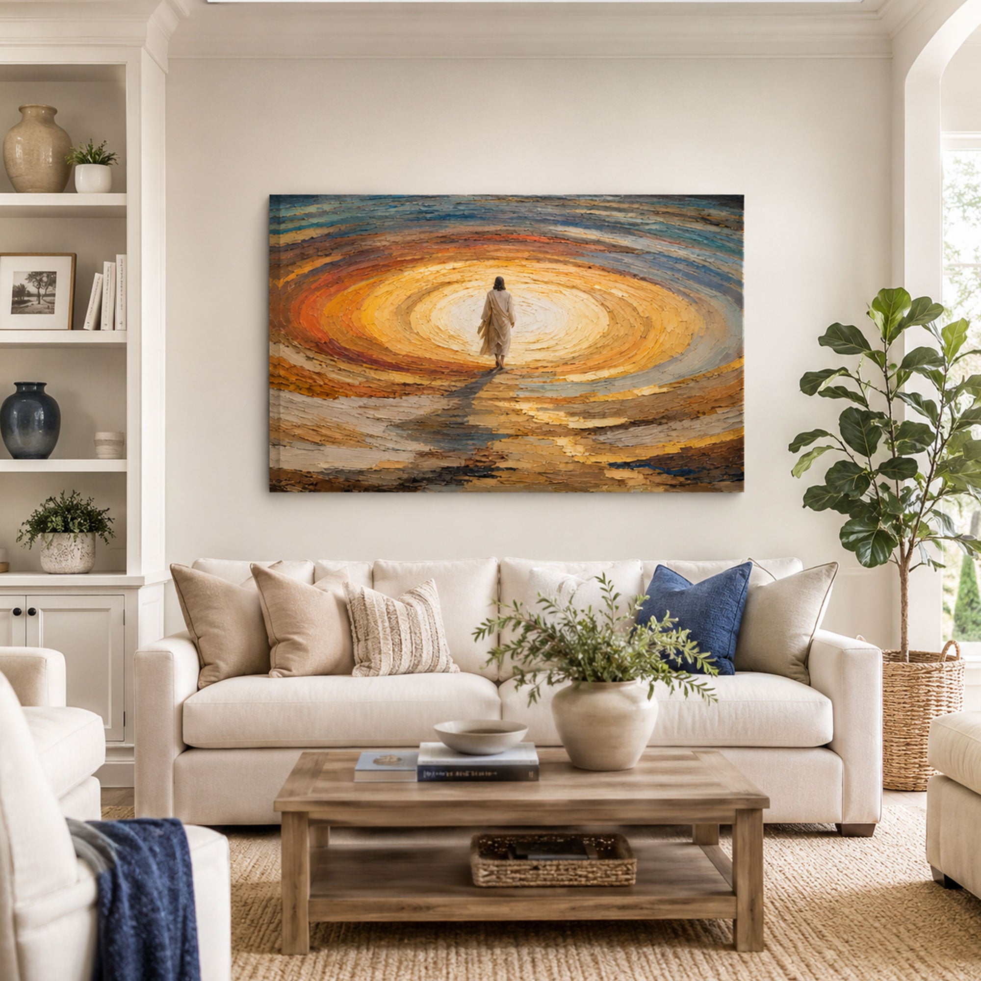Jesus Walking Into the Light Canvas Print, Abstract Christian Wall Art, Colorful Faith Home Decor Gift