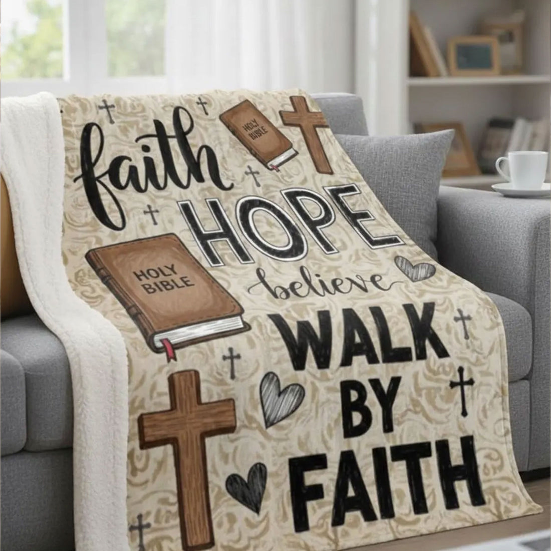 Faith Hope Believe Sherpa Fleece Blanket, Walk By Faith Jesus Throw Blanket, Christian Gift, Inspirational Faith Home Decor