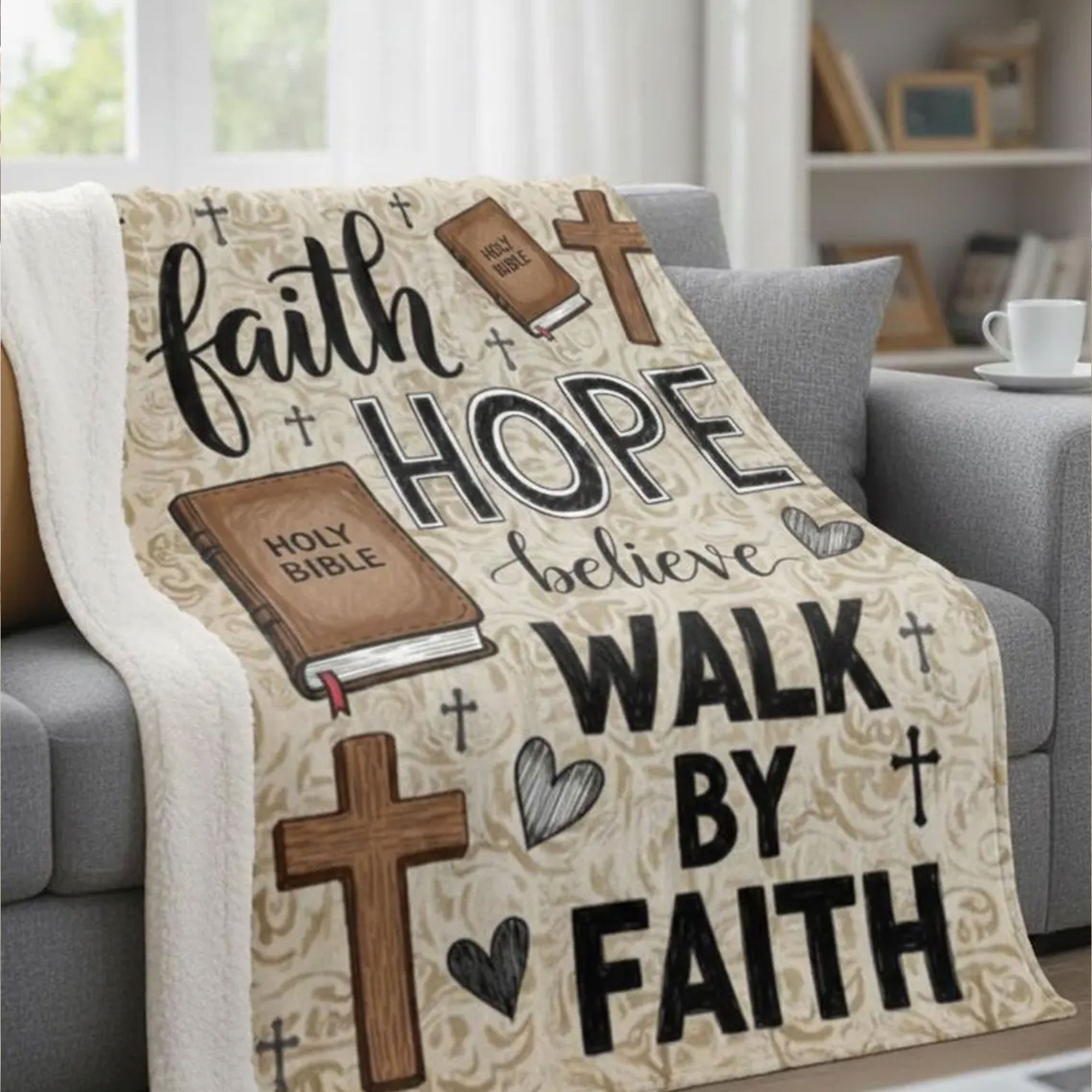 Faith Hope Believe Sherpa Fleece Blanket, Walk By Faith Jesus Throw Blanket, Christian Gift, Inspirational Faith Home Decor