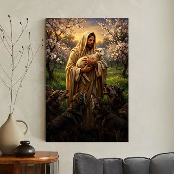 Good Shepherd Jesus Canvas Wall Art, Christian Decor, Jesus with Lamb Faith Gift