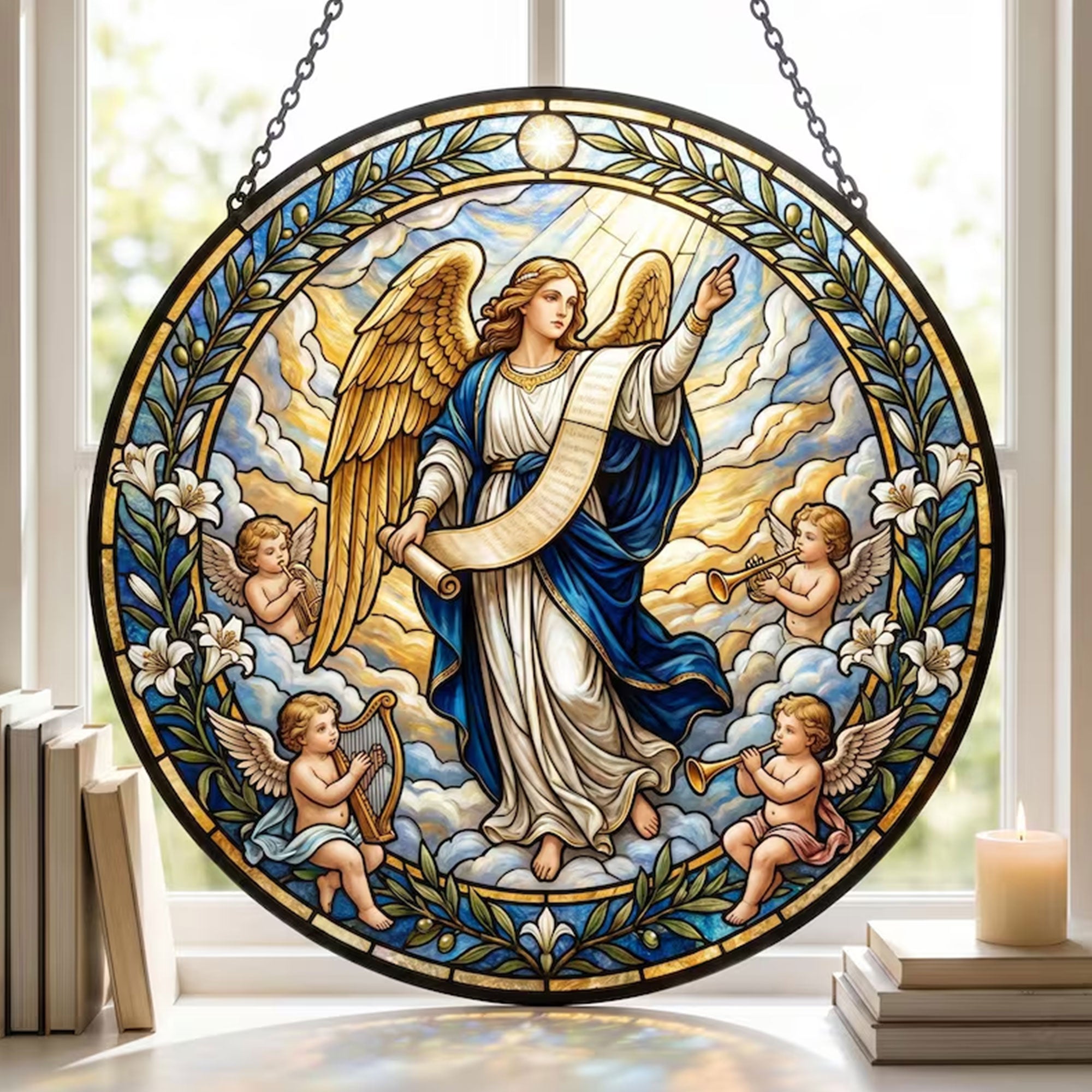 Archangel Gabriel Stained Glass Suncatcher, Christian Angel Window Hanging, Heavenly Messenger Religious Home Decor