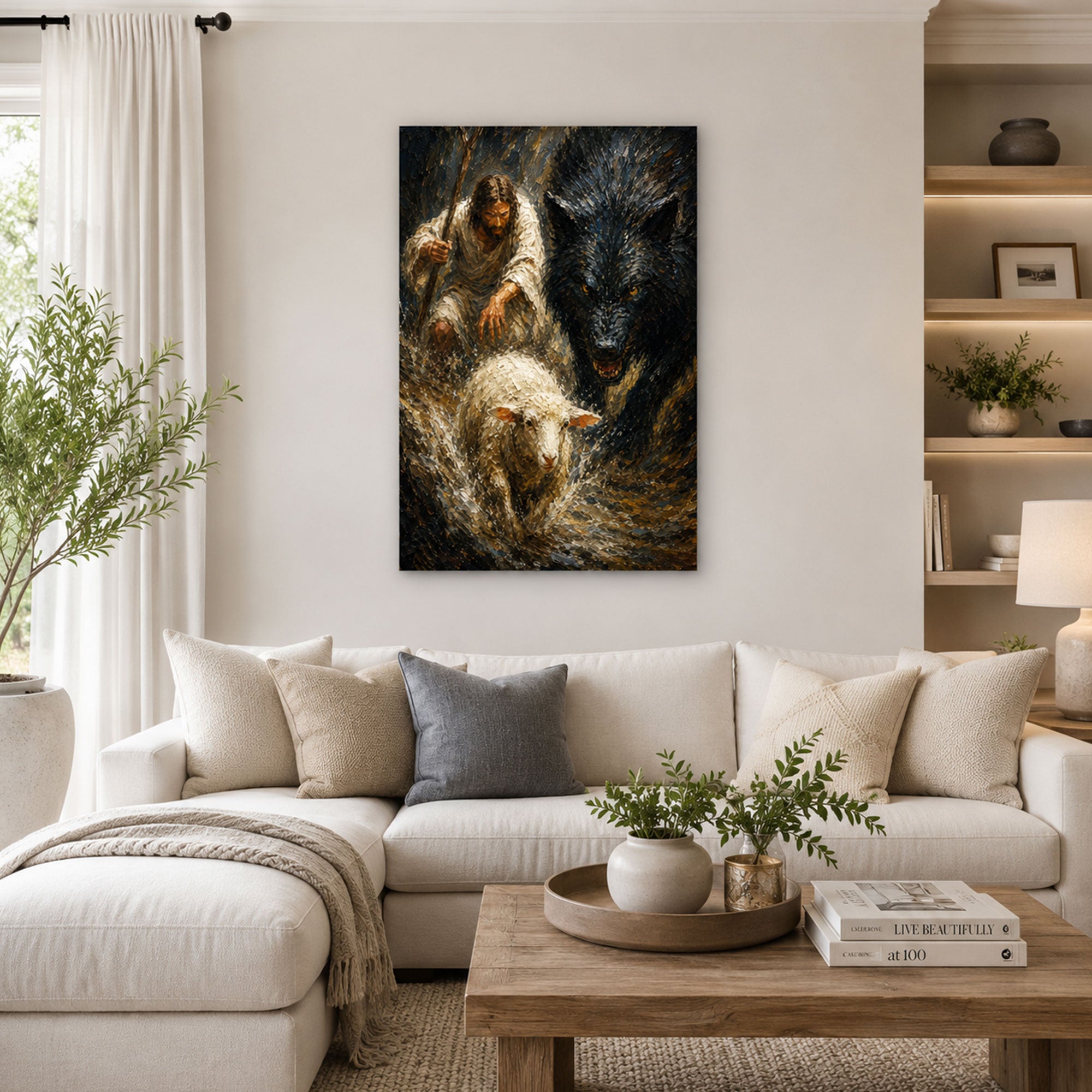 Jesus Protecting the Lamb from the Wolf Canvas Print, Good Shepherd Christian Wall Decor, Faith Gift