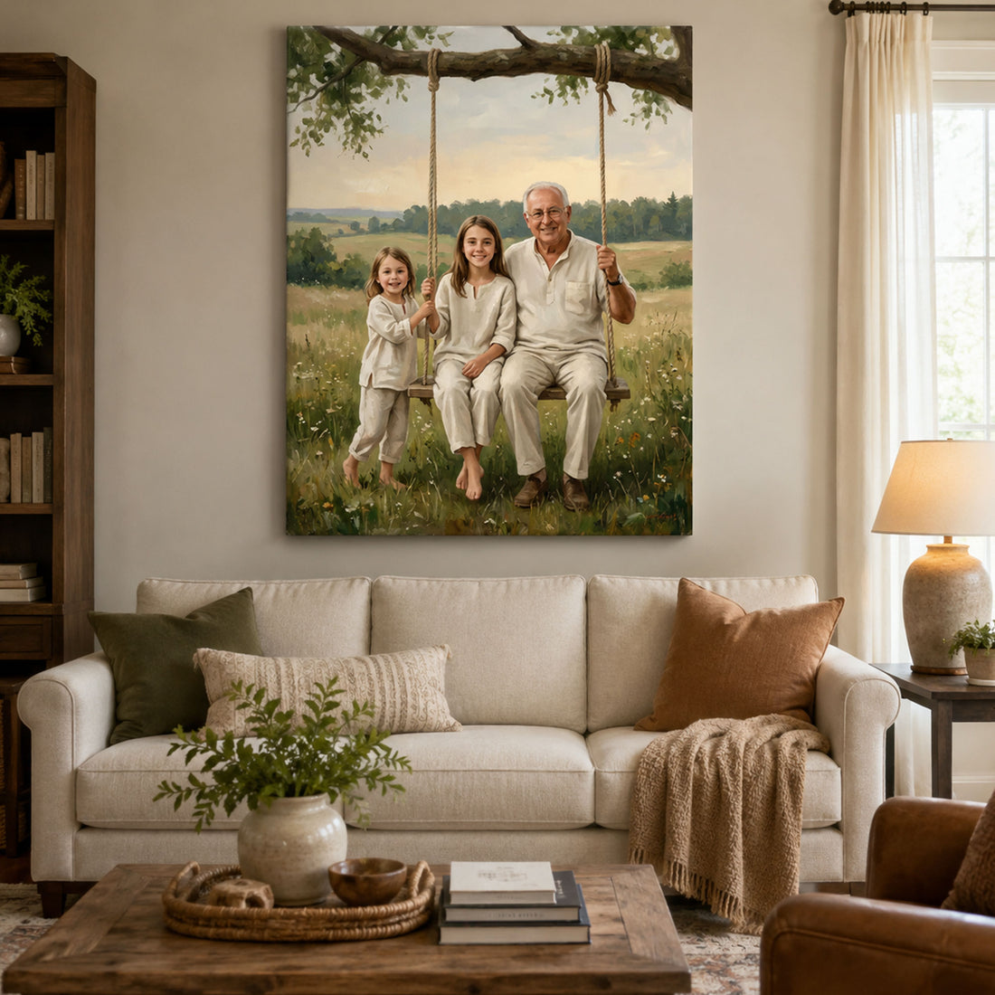 Personalized Memory Swing Grandpa And Grandchildren Canvas Print, Custom Family Portrait Wall Art, Father’s Day Gift For Grandpa