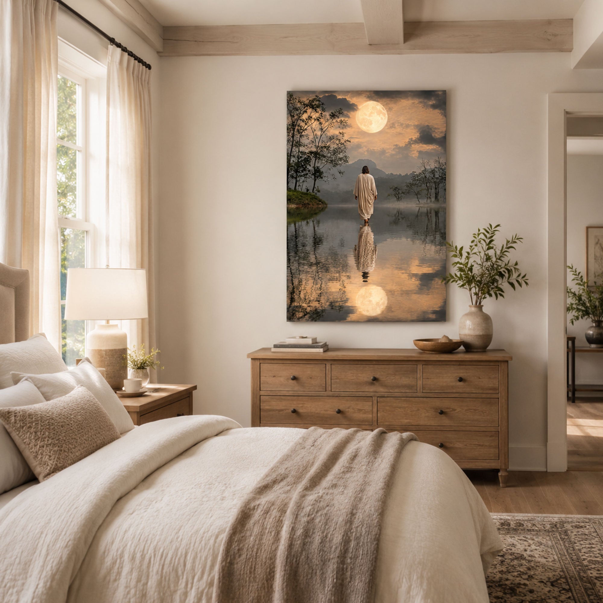 Jesus Walking on Water Under the Moon Canvas Print, Peaceful Christian Faith Decor
