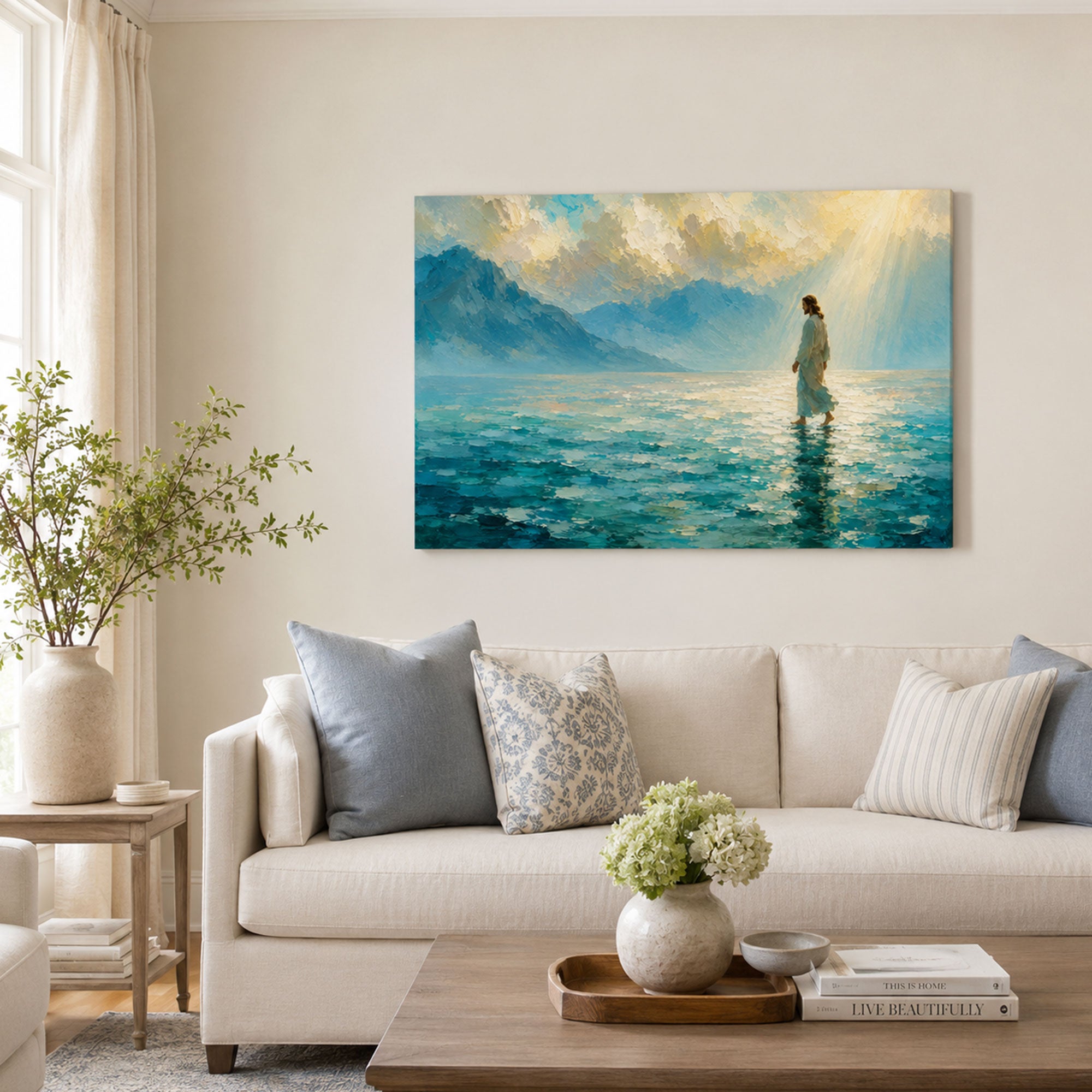 Jesus Walking on Water in Blue Light Canvas Print, Christian Home Decor