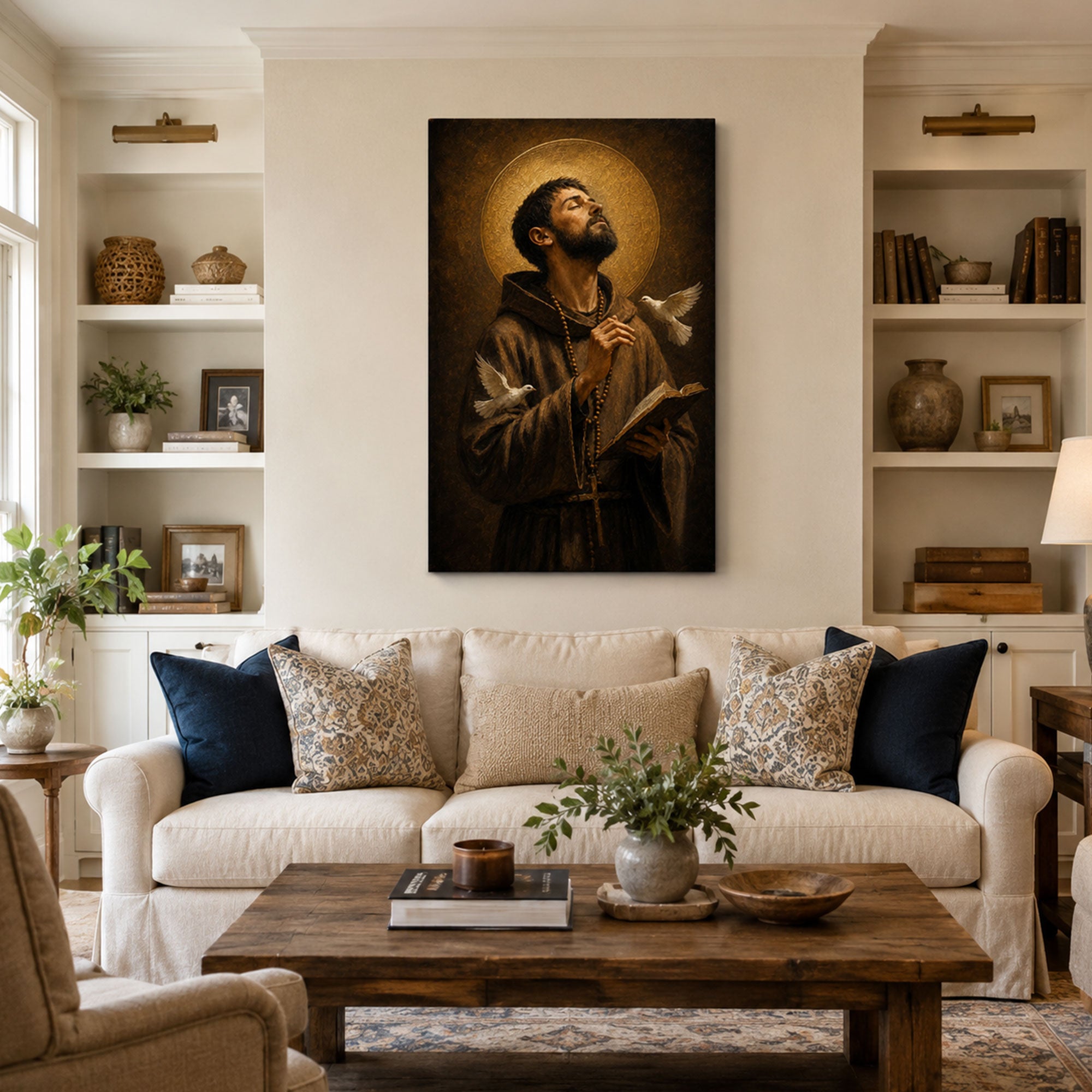 Saint Francis of Assisi Prayer Canvas Print, Catholic Saint Wall Art, Doves and Bible Faith Home Decor Gift