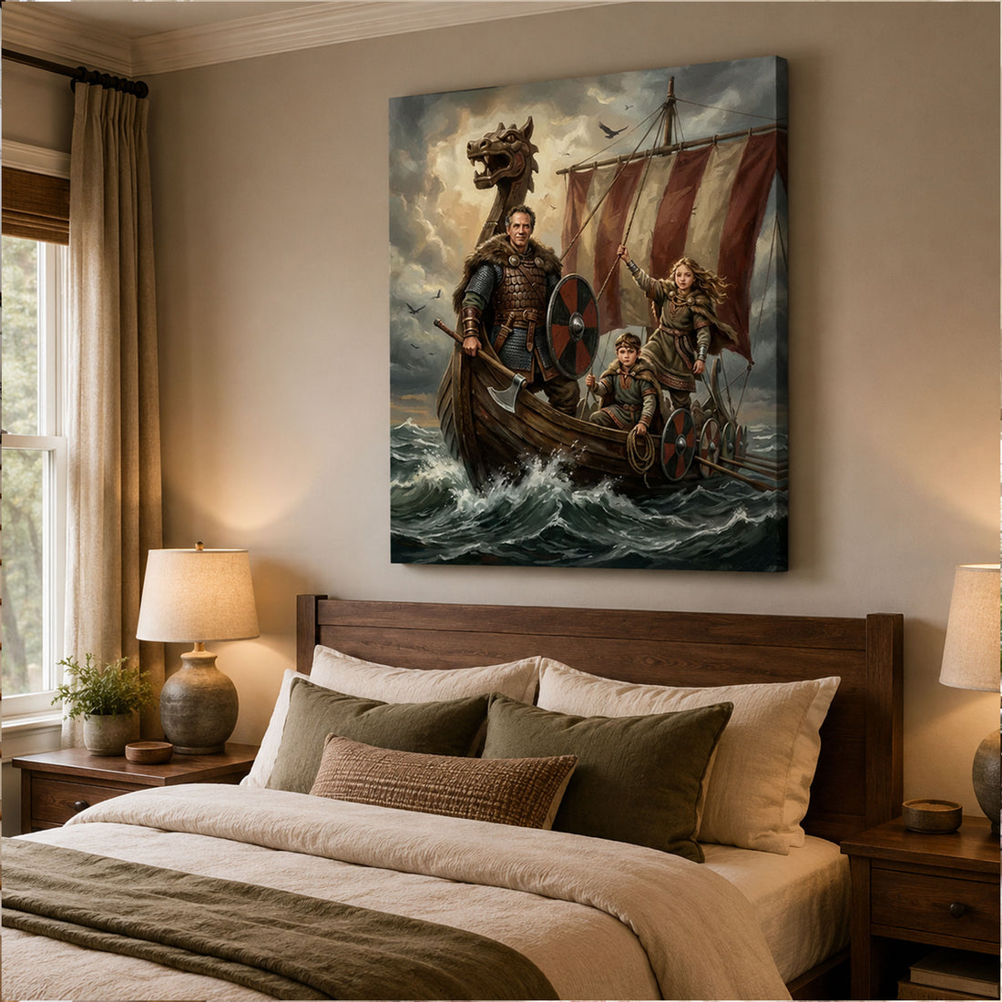 Personalized Viking Family Canvas Print, Custom Dad and Kids Norse Warrior Wall Art, Father’s Day Gift