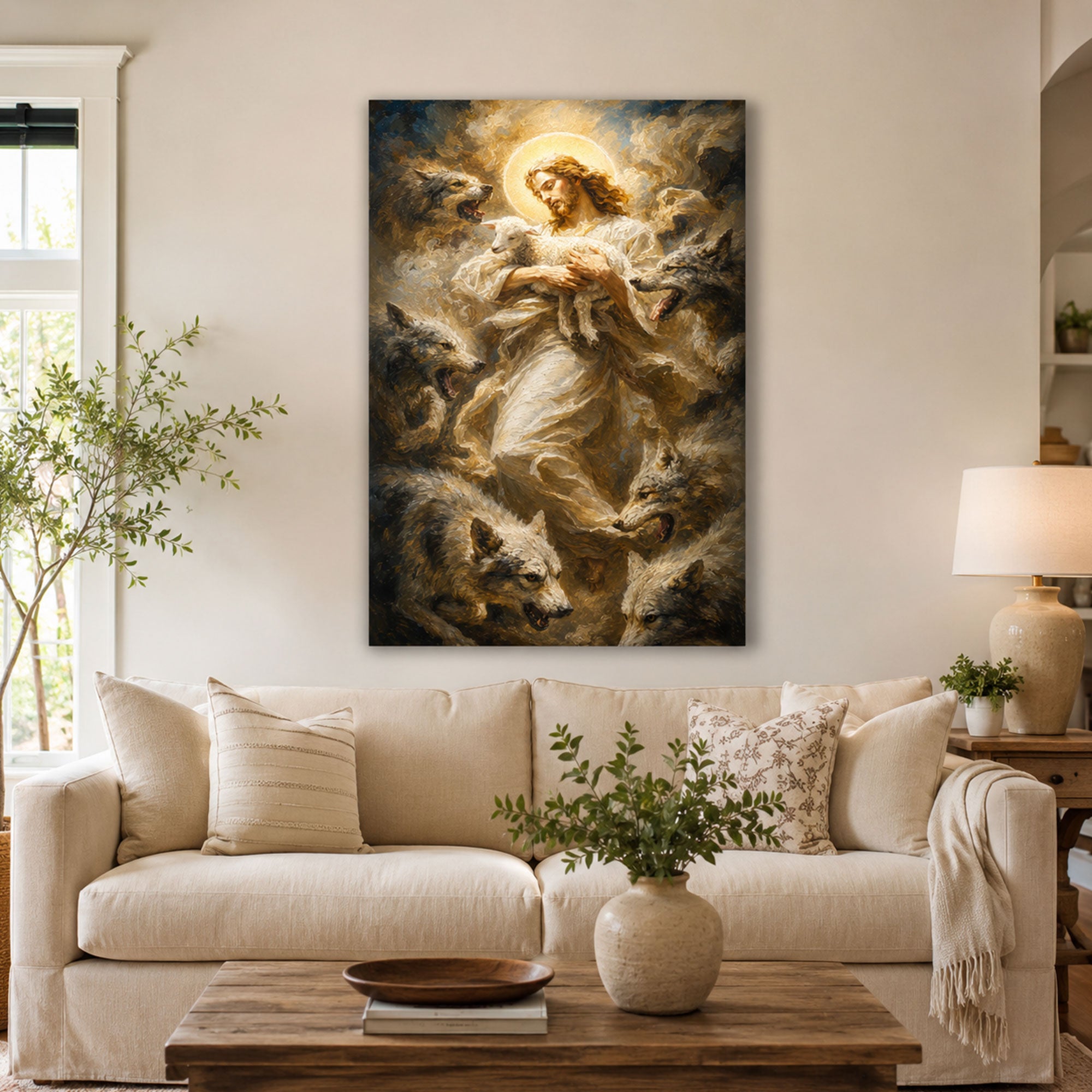 Jesus Protecting the Lamb from Wolves Canvas Print, Good Shepherd Christian Wall Decor, Faith Gift