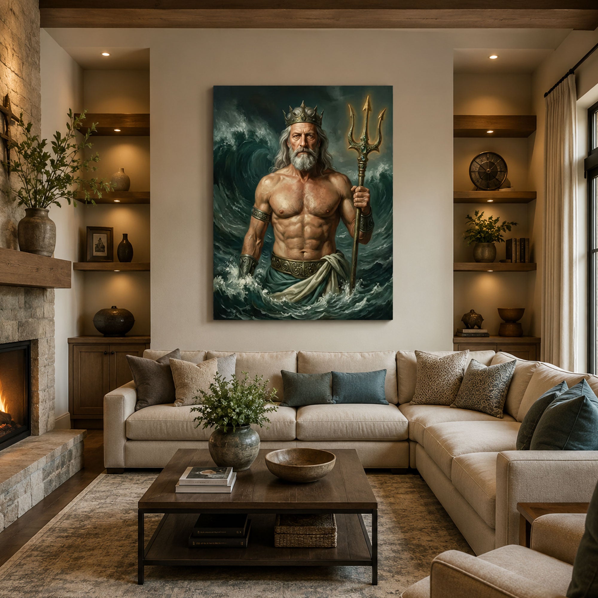 Custom Face For Dad Poseidon Canvas, Personalized Sea God Portrait, Funny Father’s Day Gift