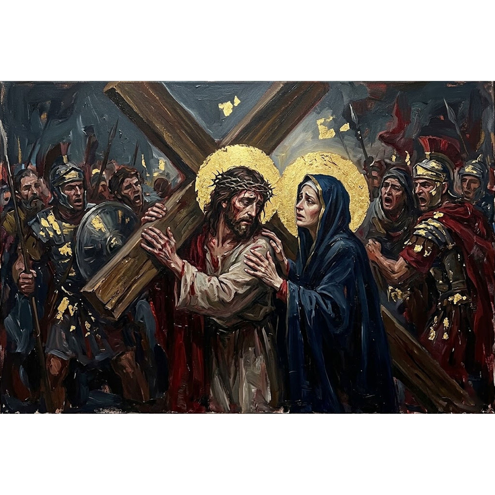 Jesus Carrying the Cross Canvas Print, Christ Meets His Mother, A Powerful Moment of Sacrifice, Love, and Redemption