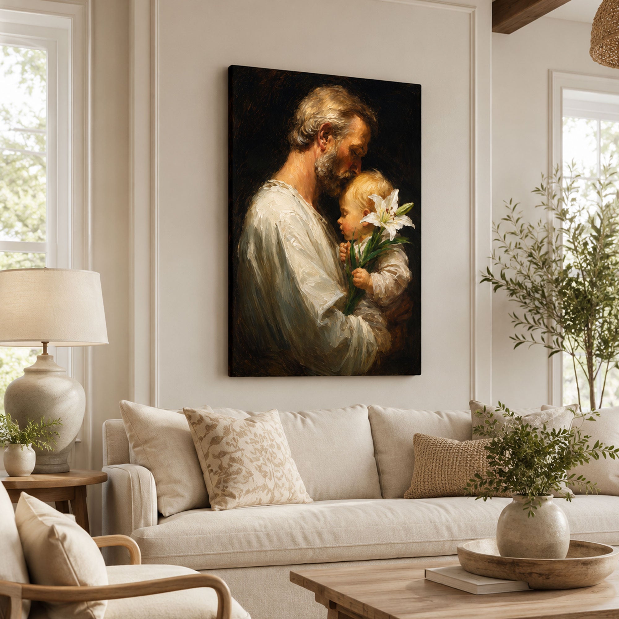 Saint Joseph with Child Jesus Canvas Print, Gentle Catholic Faith Decor