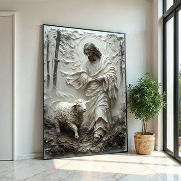 Good Shepherd Canvas Print, 3D Impasto Jesus with Lamb Wall Art, Earthy Neutral Christian Decor, Inspirational Faith Gift, Religious Home Artwork