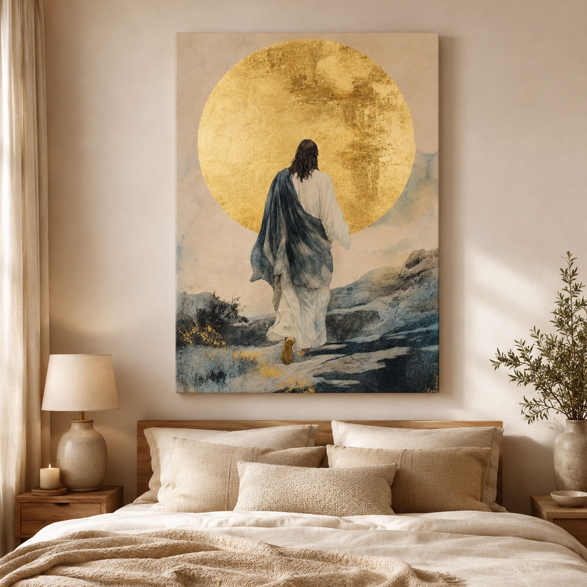Jesus Walking Toward the Light Canvas Print, Golden Sun Christian Wall Art, Modern Faith Home Decor