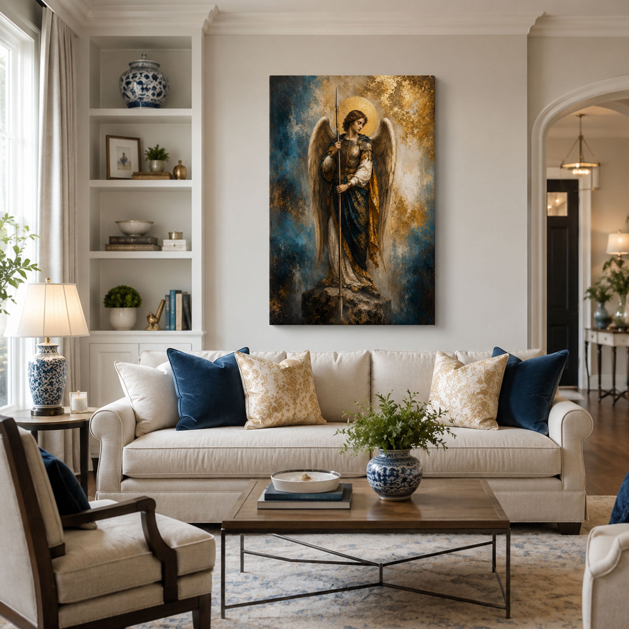 Saint Raphael Archangel Canvas Print, Catholic Healing Angel Wall Art, Blue and Gold Faith Home Decor Gift