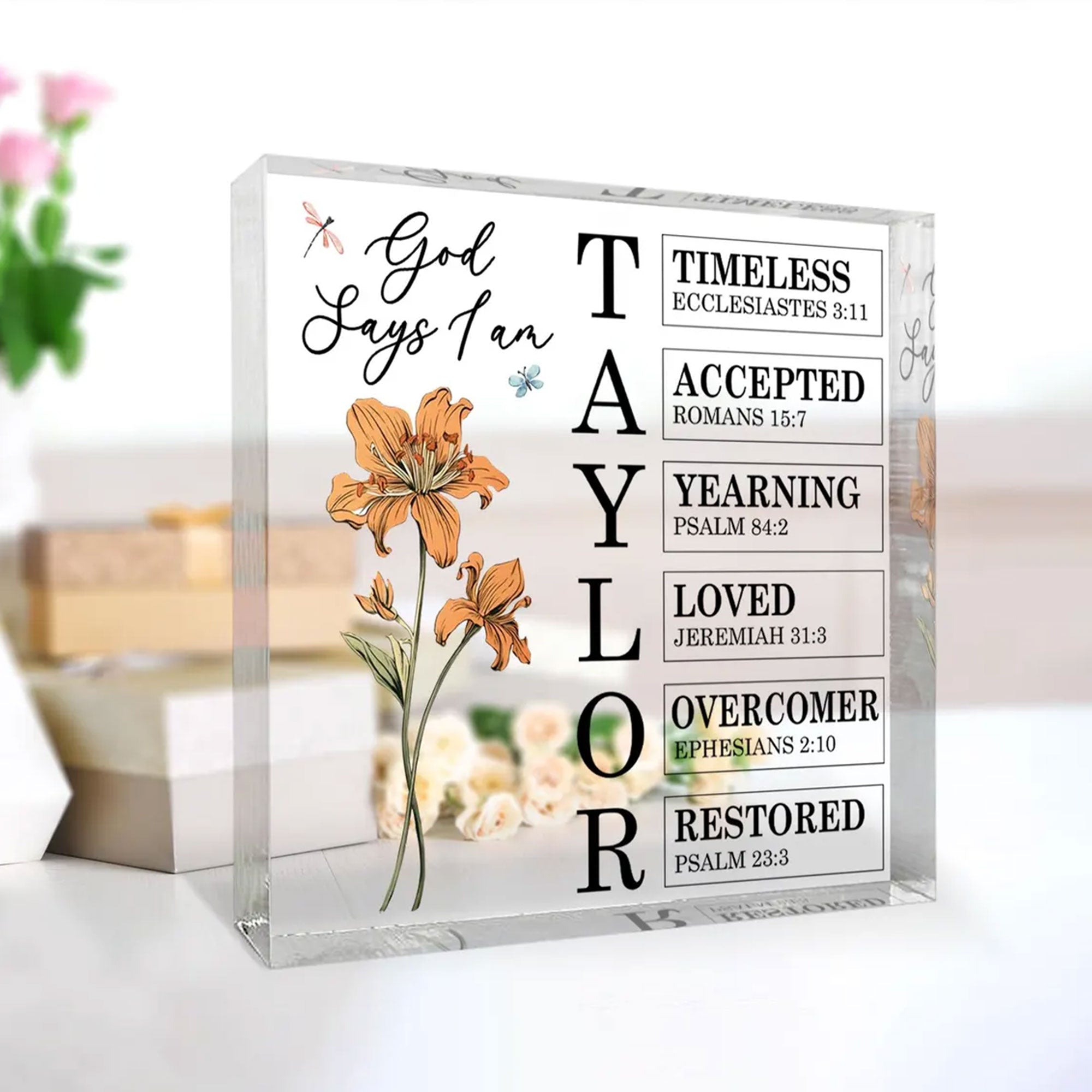 Personalized Sarah Christian Acrylic Block, God Says I Am Scripture Gift, 2D Flat Faith Table Decor