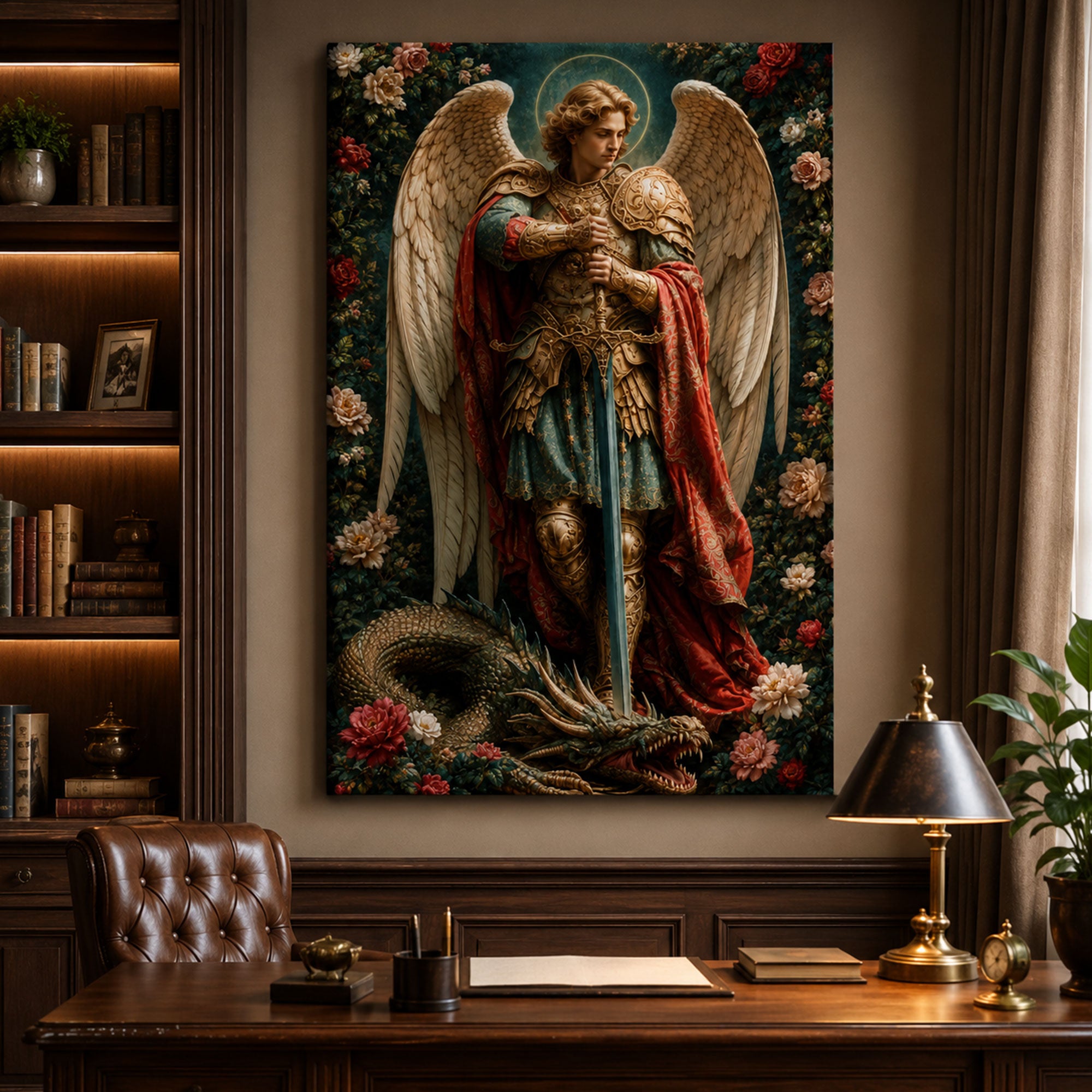 Saint Michael Archangel Canvas Print, Defeating Dragon Catholic Wall Art, Guardian Faith Home Decor