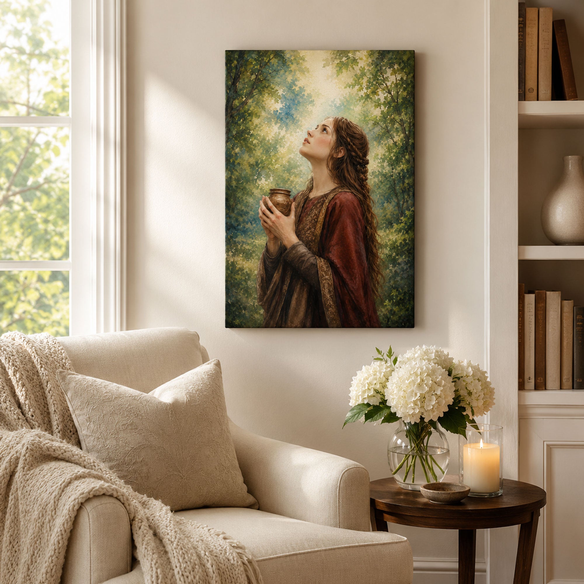Mary Magdalene in the Forest Canvas Print, Light Through the Trees Catholic Decor