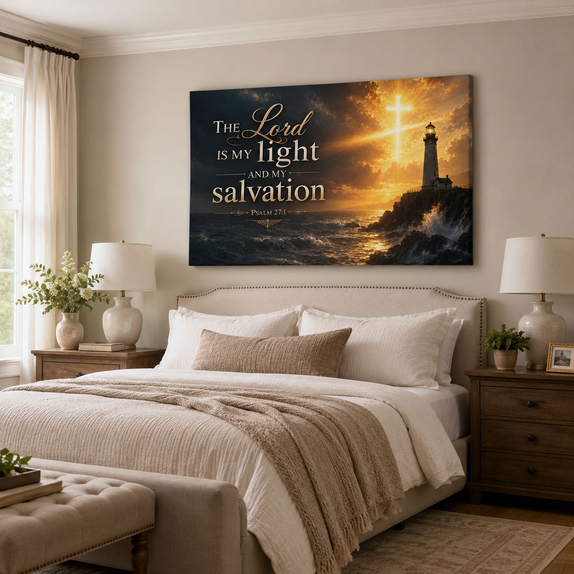 Psalm 27:1 Lighthouse Canvas Print, The Lord Is My Light Christian Wall Art, Coastal Faith Home Decor Gift