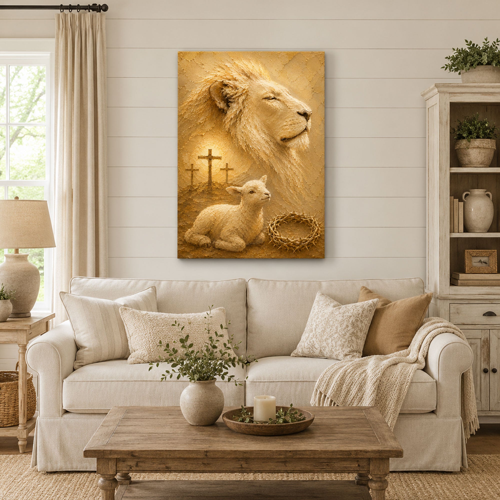 Lion of Judah and Lamb of God Canvas Print, Christian Cross Wall Art, Faith Home Decor Gift