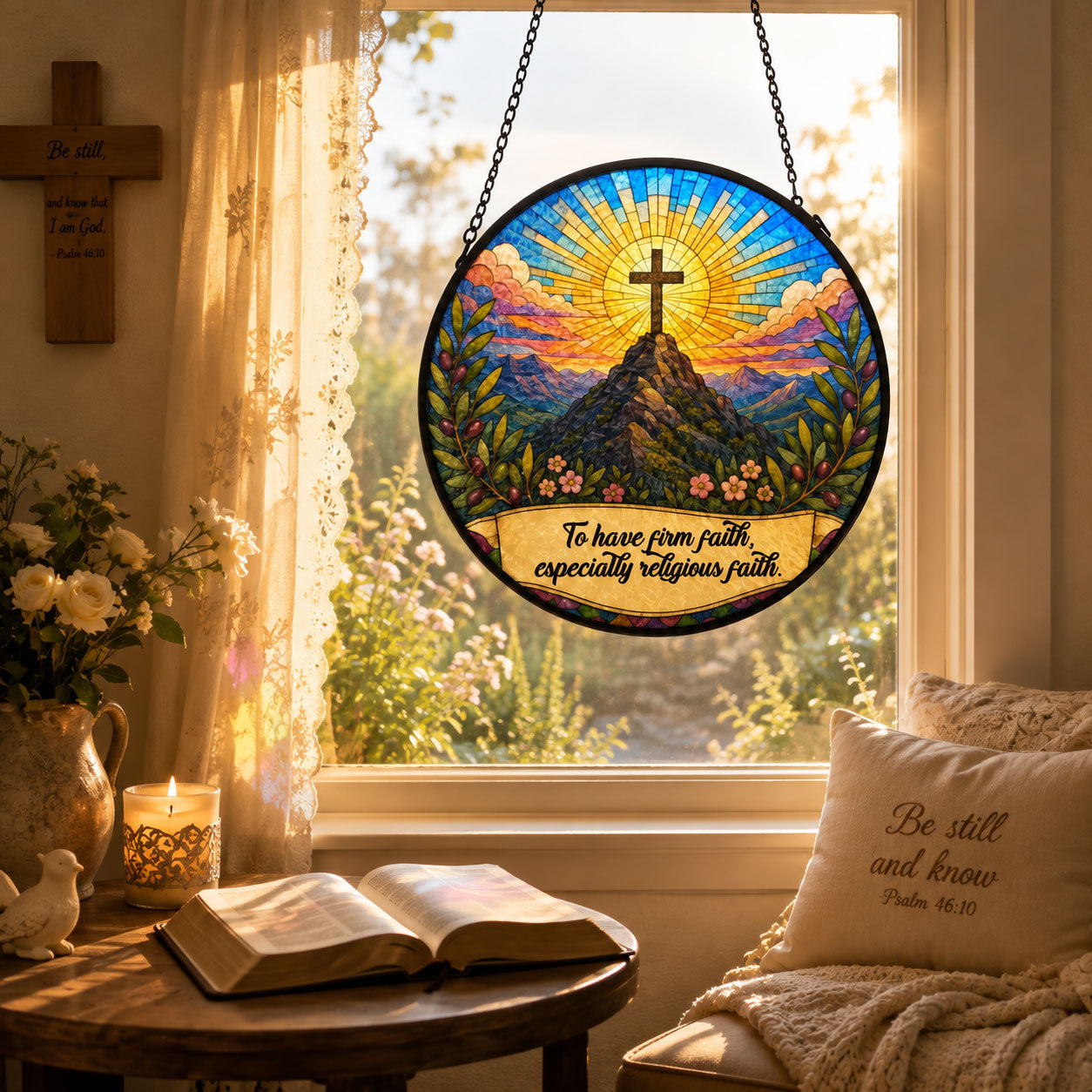 Firm Faith Christian Cross Suncatcher, Mountain Sunrise Window Hanging, Inspirational Religious Gift