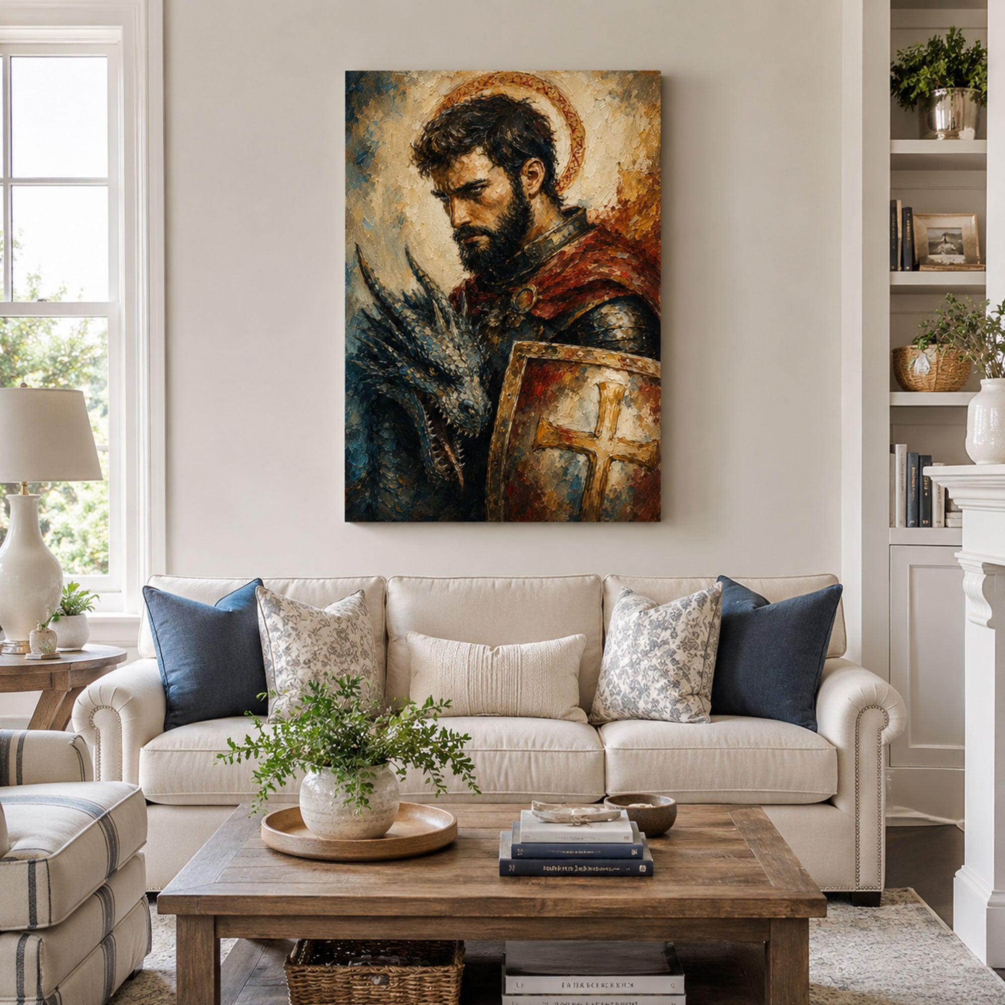 Saint George Defender of the Faith Canvas Print, Cross Shield Catholic Decor