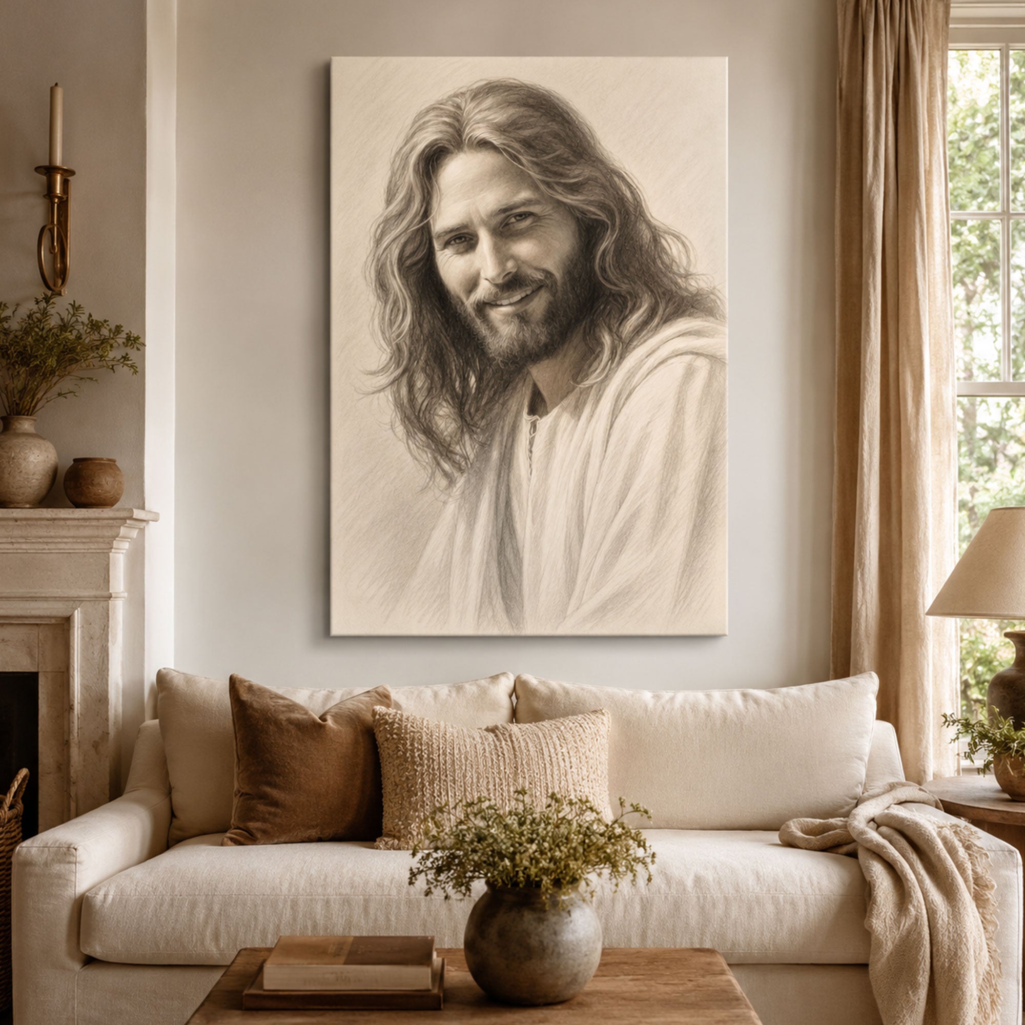 Jesus Pencil Sketch Canvas Print, Christian Portrait Wall Art, Minimalist Faith Home Decor