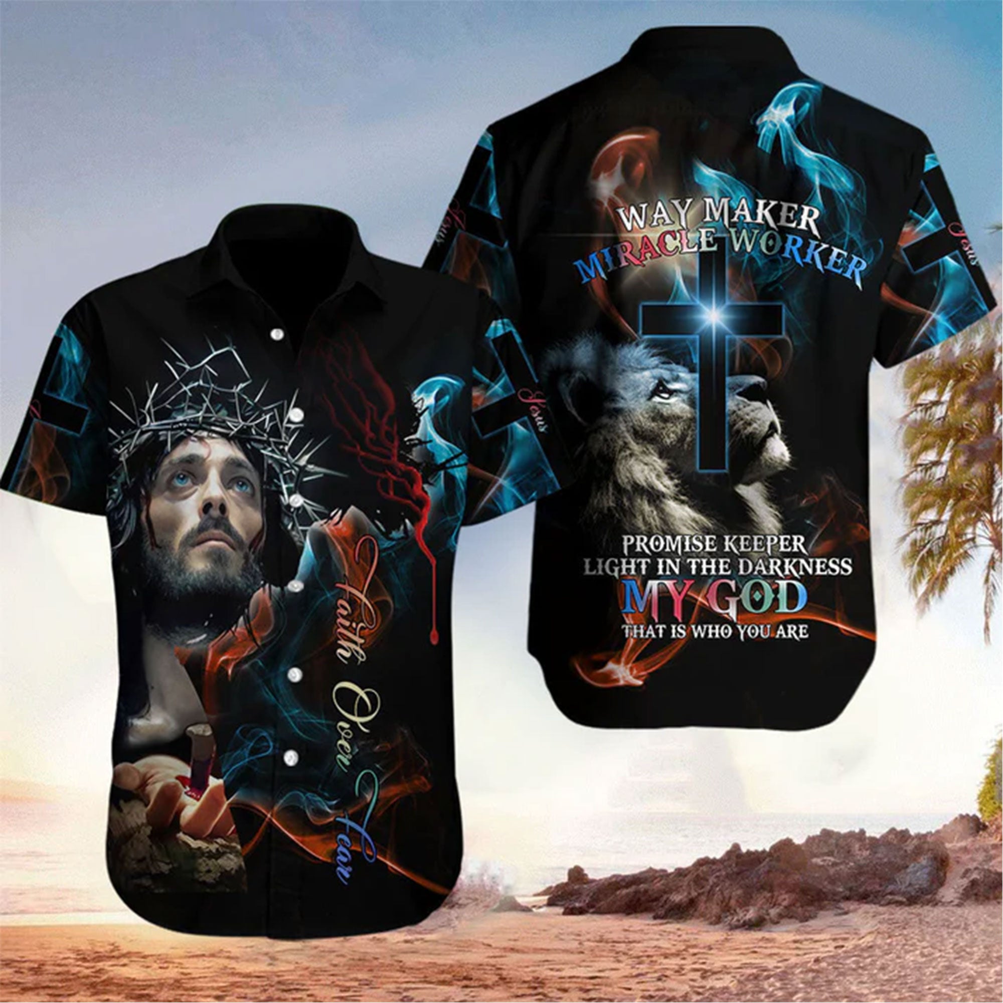 Christian Aloha Shirt Faith Over Fear, Jesus Faith Hawaiian Shirt for Men Women
