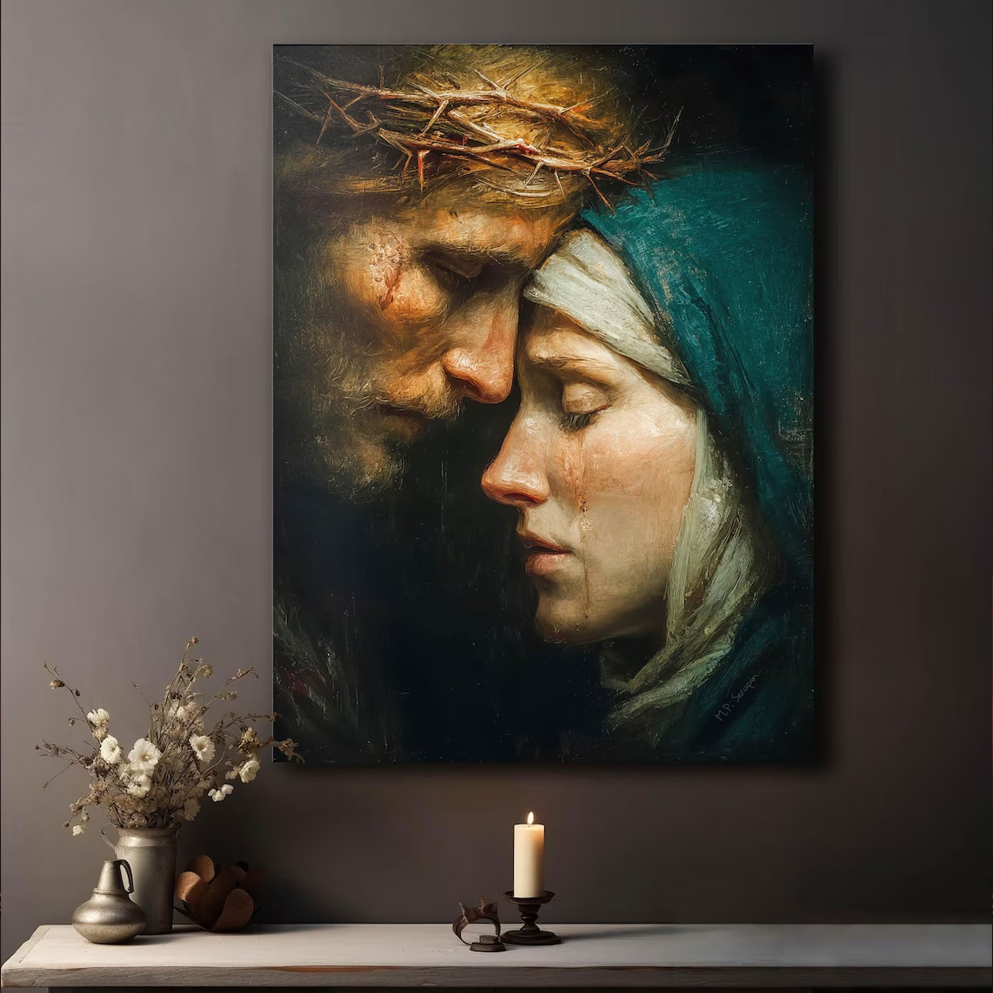 Jesus Mary Embrace Canvas Print, Goodbye Mother Artwork, Catholic Comfort Gift