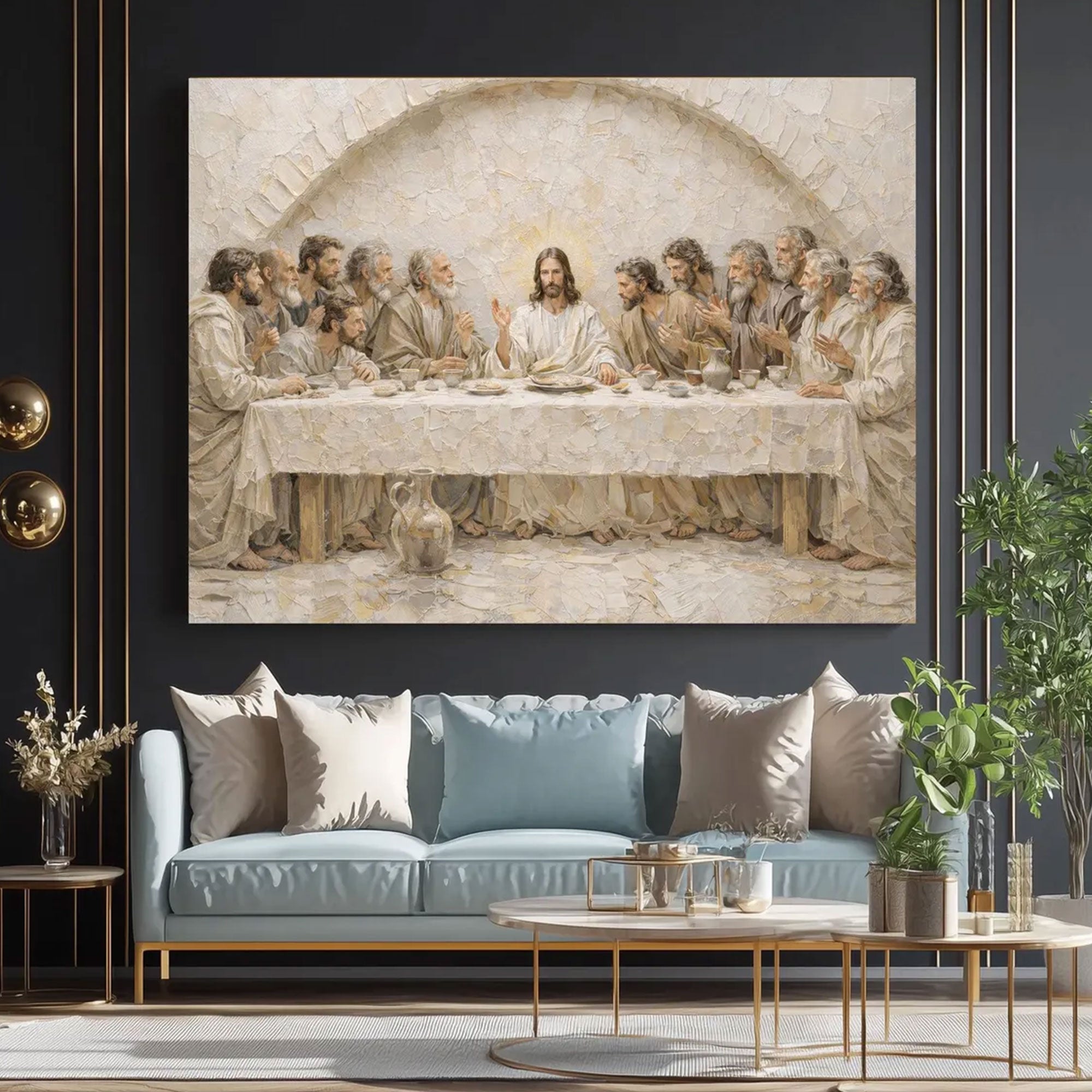 Last Supper Canvas Print, Relief Style Christian Wall Art, Jesus and Apostles Scene, Biblical Religious Decor, Inspirational Faith Gift