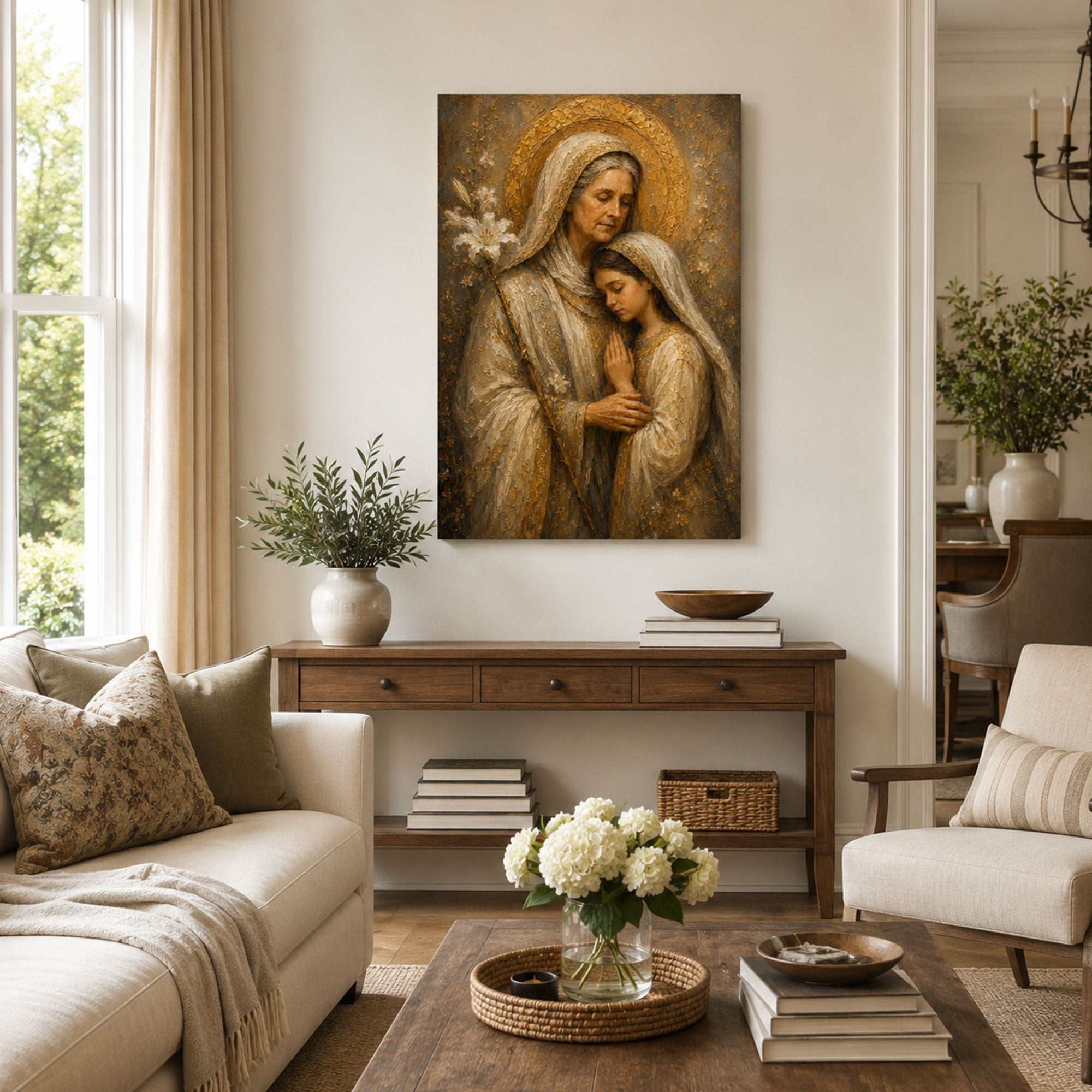 Saint Anne with Young Virgin Mary Canvas Print, Catholic Family Decor