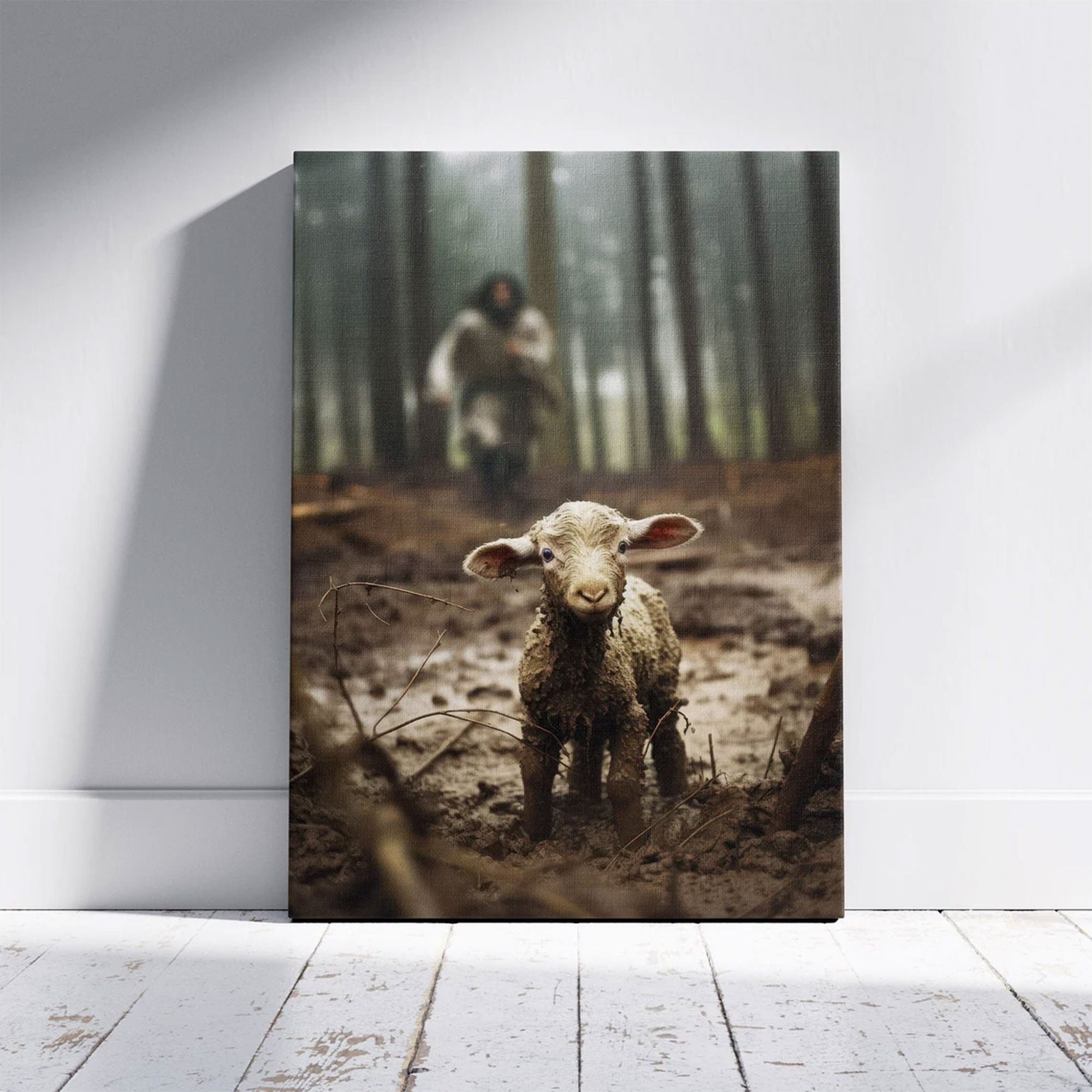 Jesus Saving Lost Lamb Canvas, Christian Wall Art, Good Shepherd Faith Canvas Print