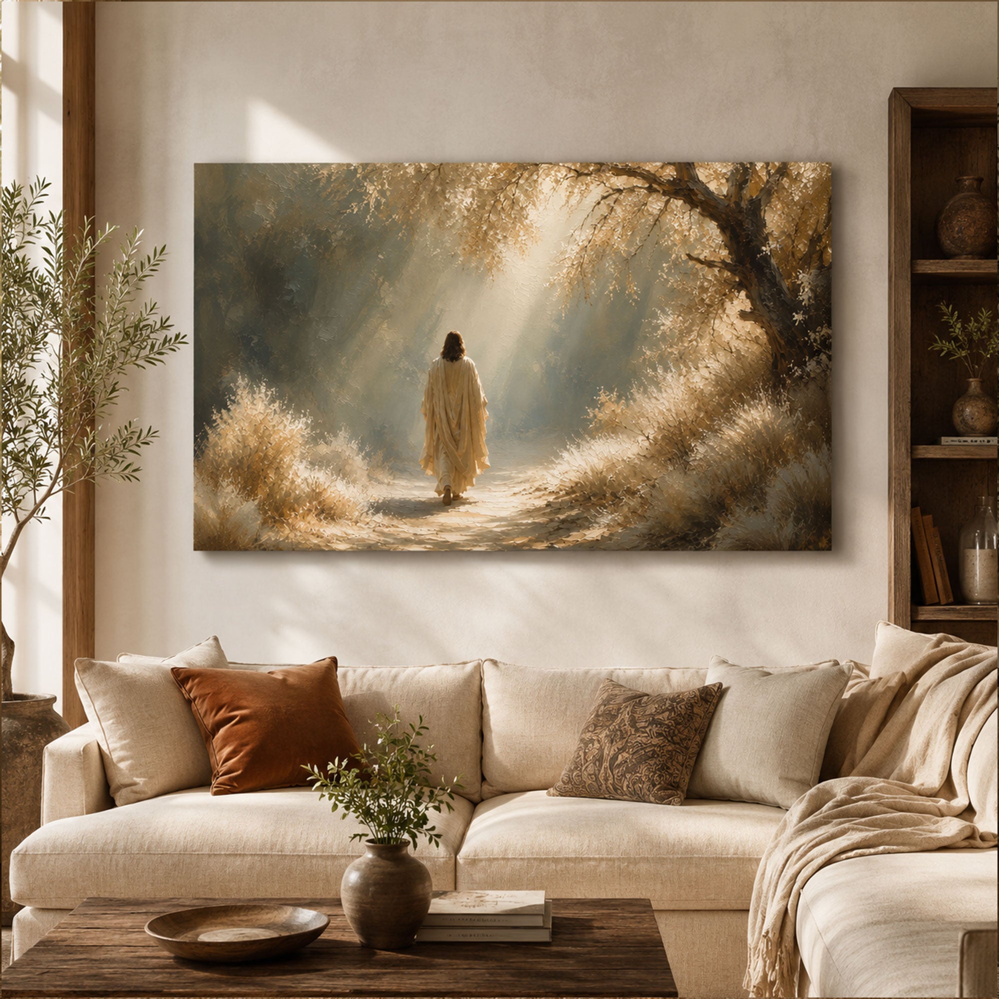 Jesus Walking Through Light Canvas Print, Peaceful Christian Wall Art, Path of Faith Home Decor
