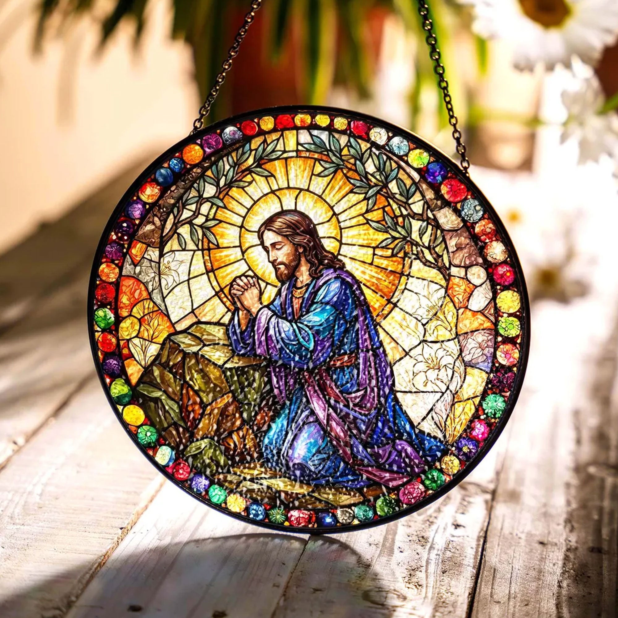 Divine Mercy Jesus Stained Glass Suncatcher, Catholic Window Hanging Decor, Sacred Heart Christian Faith Gift