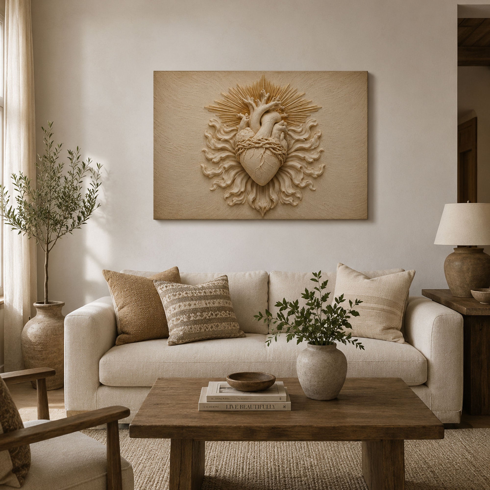 Sacred Heart of Jesus Panoramic Canvas Print, White Gold Catholic Wall Art, Faith Home Decor Gift
