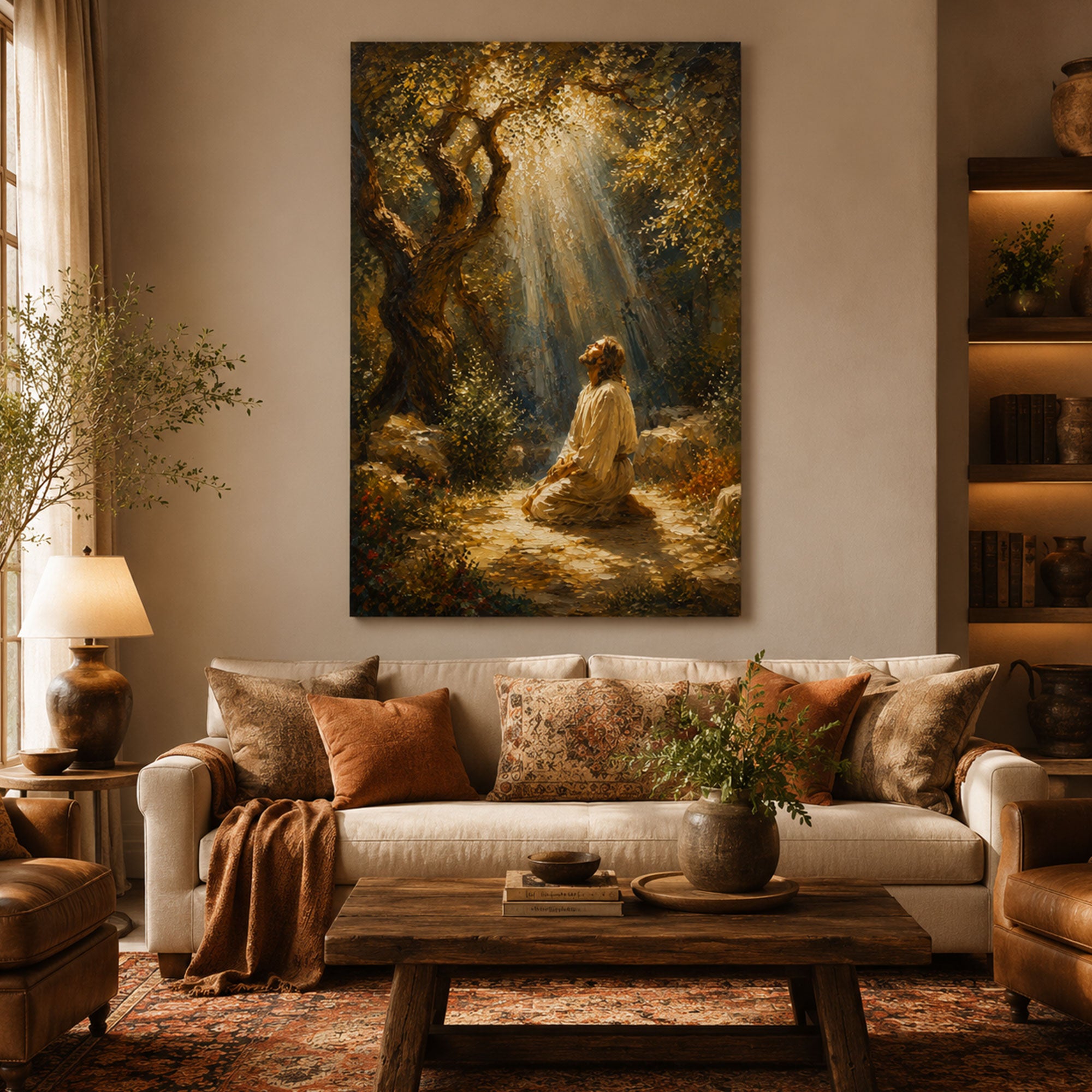 Jesus Praying in Gethsemane Canvas Print, Christian Wall Art, Peaceful Faith Home Decor