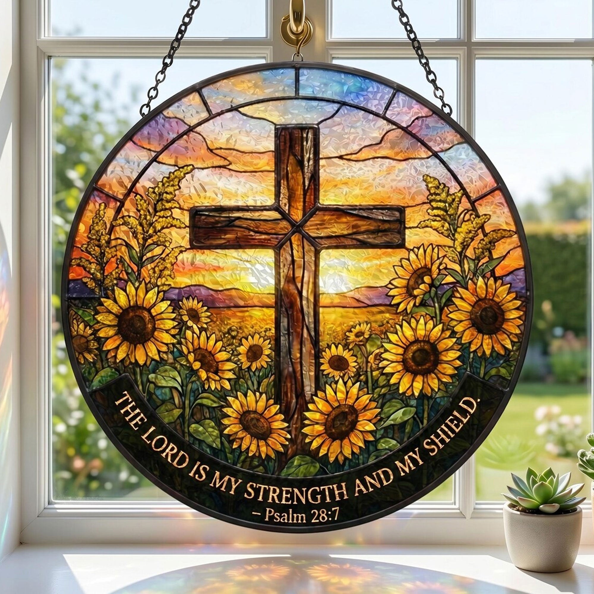 Psalm 28:7 Cross Suncatcher, The Lord Is My Strength and Shield, Sunflower Christian Window Decor