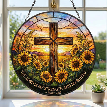 Psalm 28:7 Cross Suncatcher, The Lord Is My Strength and Shield, Sunflower Christian Window Decor