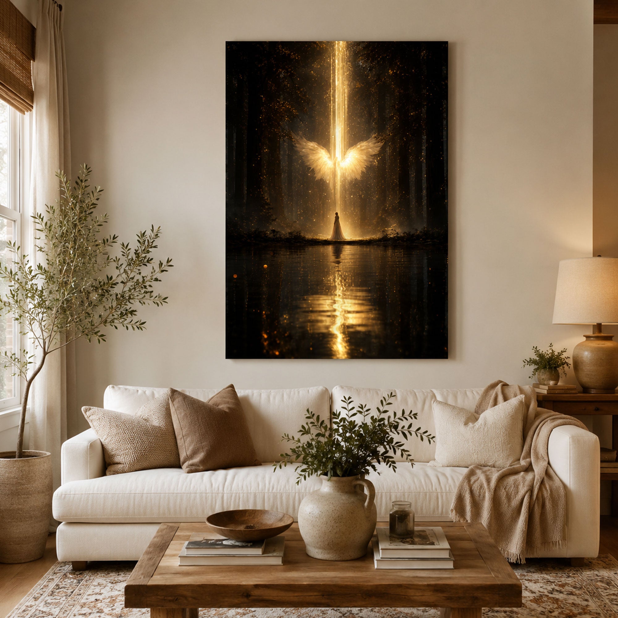Guardian Angel of Divine Light Canvas Print, Christian Protection Wall Art, Faith Home Decor Gift