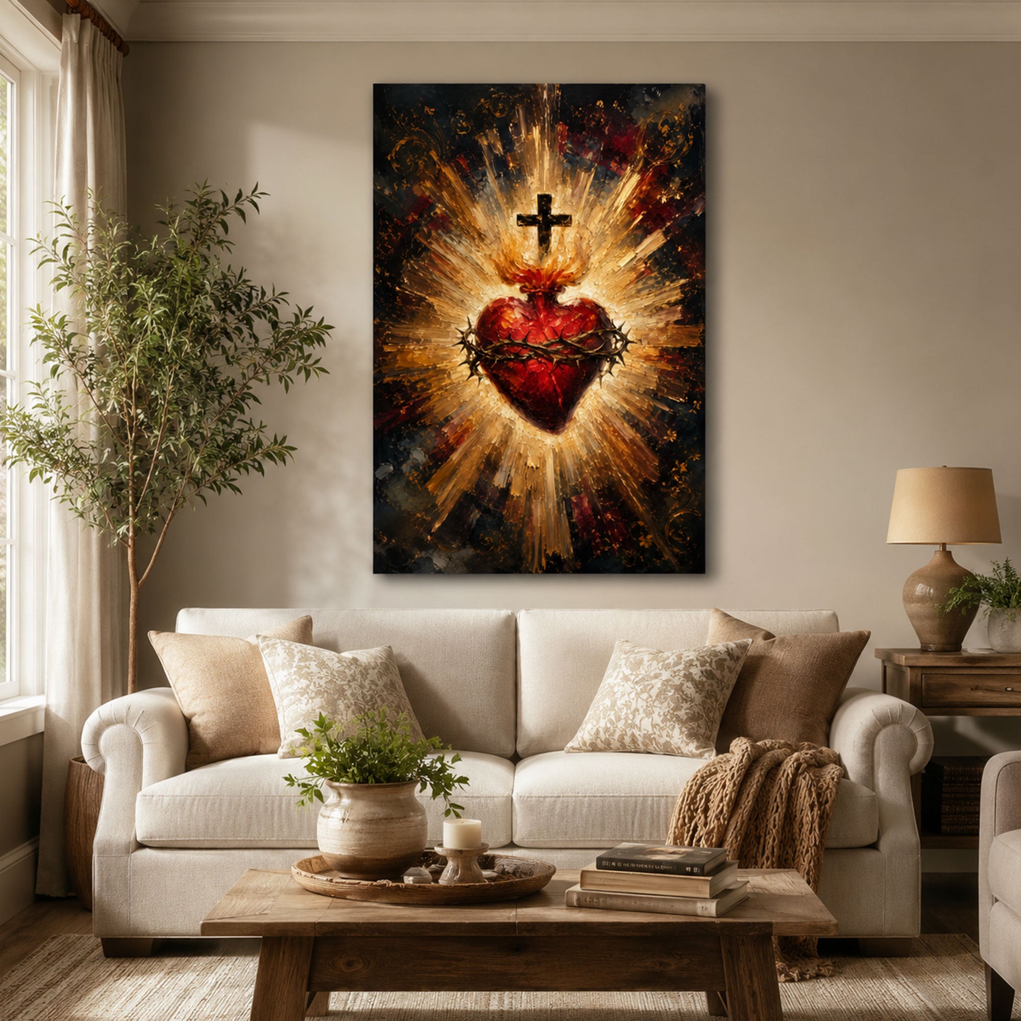 Sacred Heart of Jesus Canvas Print, Catholic Christian Wall Art, Flaming Heart with Crown of Thorns, Religious Home Decor Gift