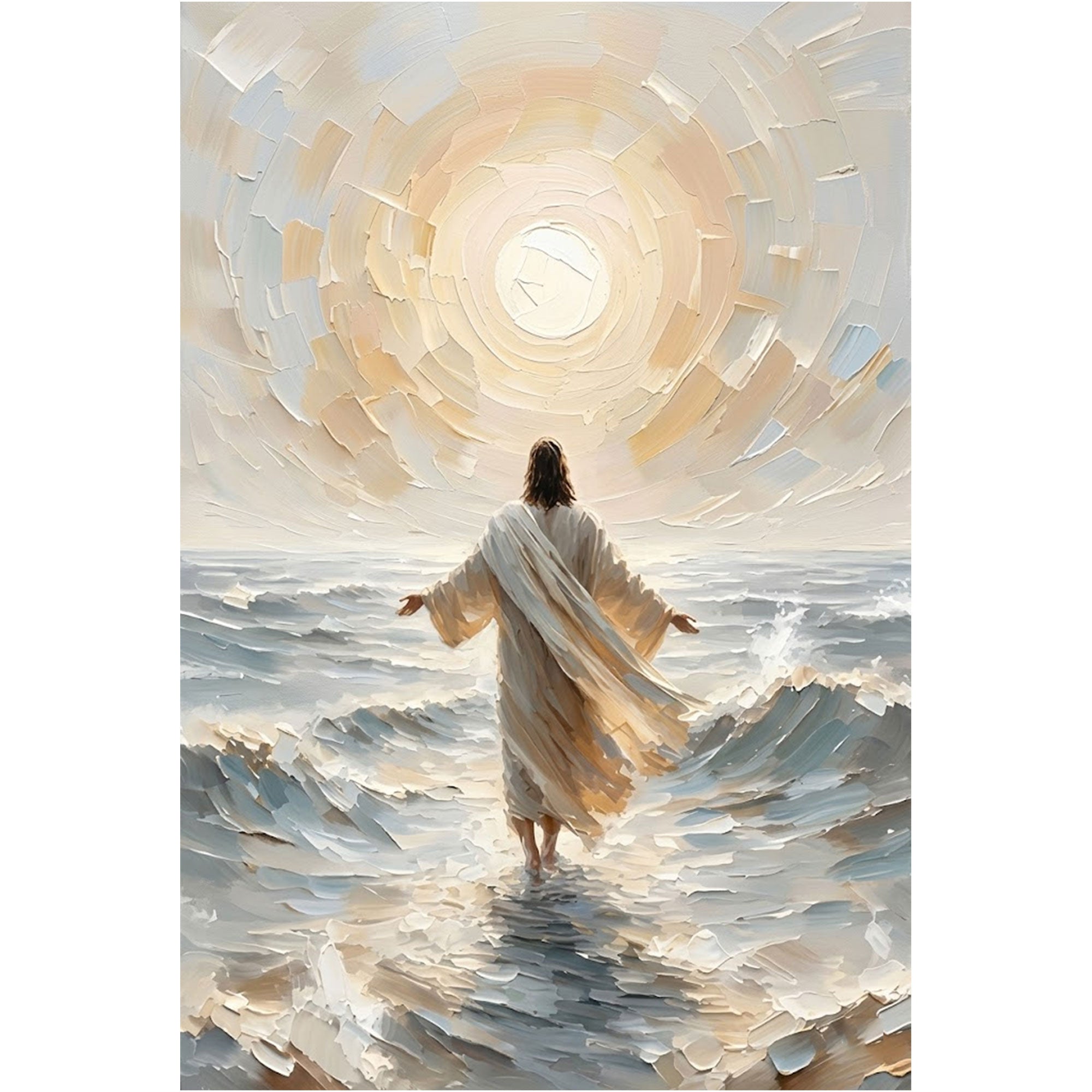 Jesus Walking Through the Waves Canvas Art, Divine Light Christian Wall Decor, Ocean Faith Spiritual Artwork