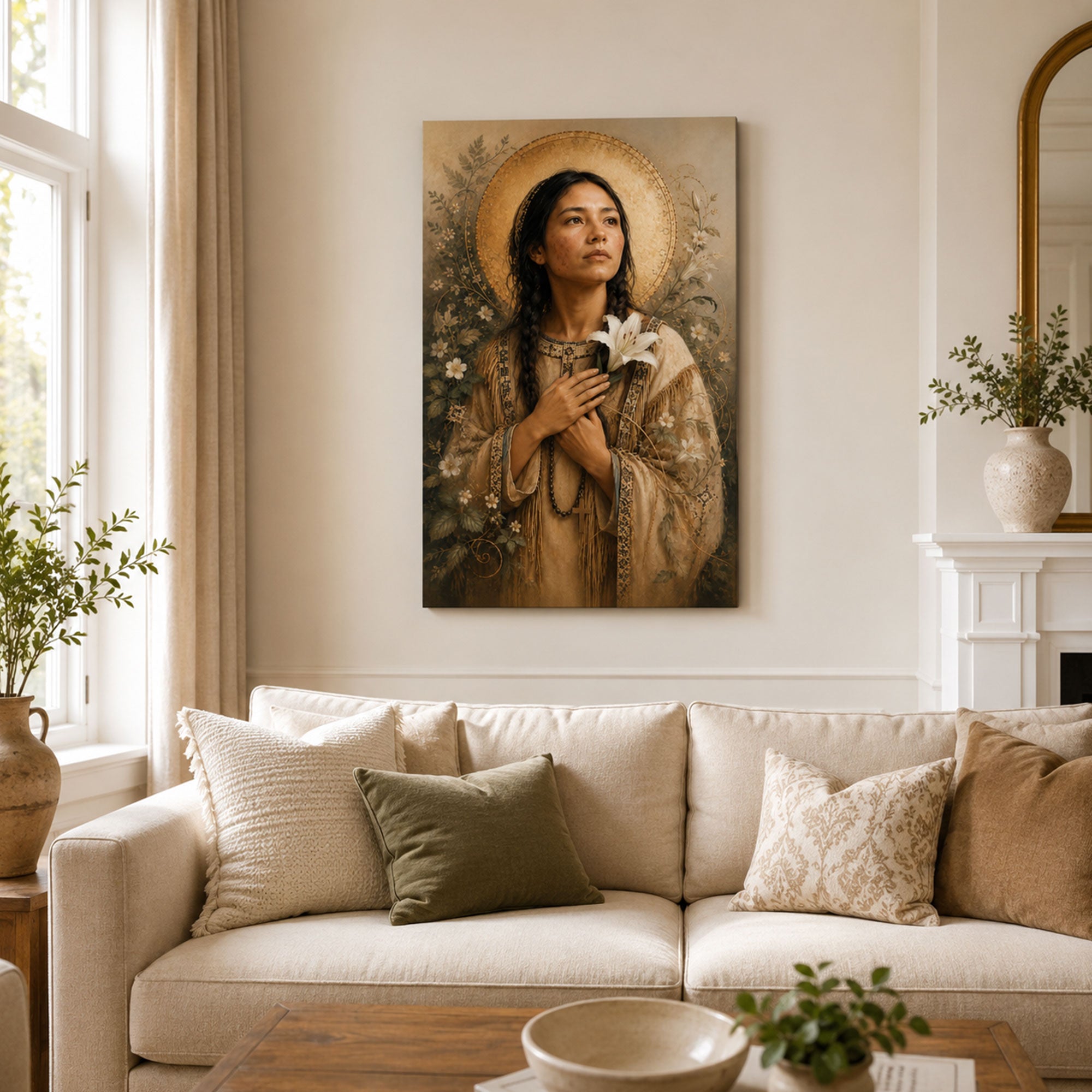 Saint Kateri Tekakwitha Canvas Print, Native American Catholic Saint Wall Art, Lily Flower Faith Home Decor Gift