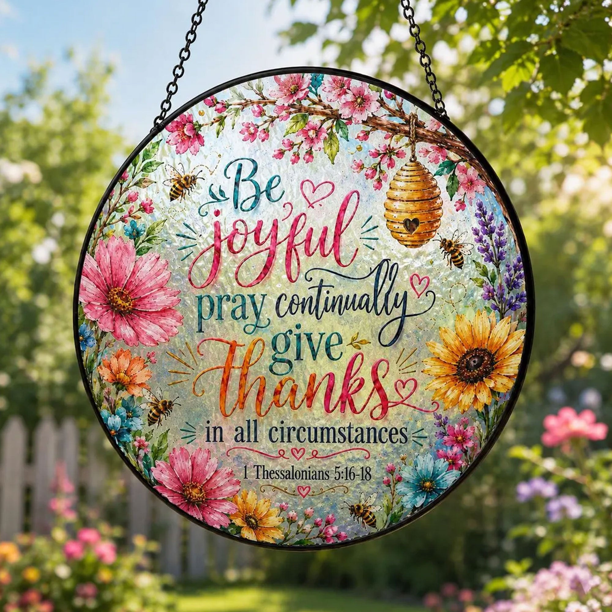 Be Joyful, Pray Continually, Give Thanks Suncatcher, 1 Thessalonians 5:16–18 Christian Window Decor